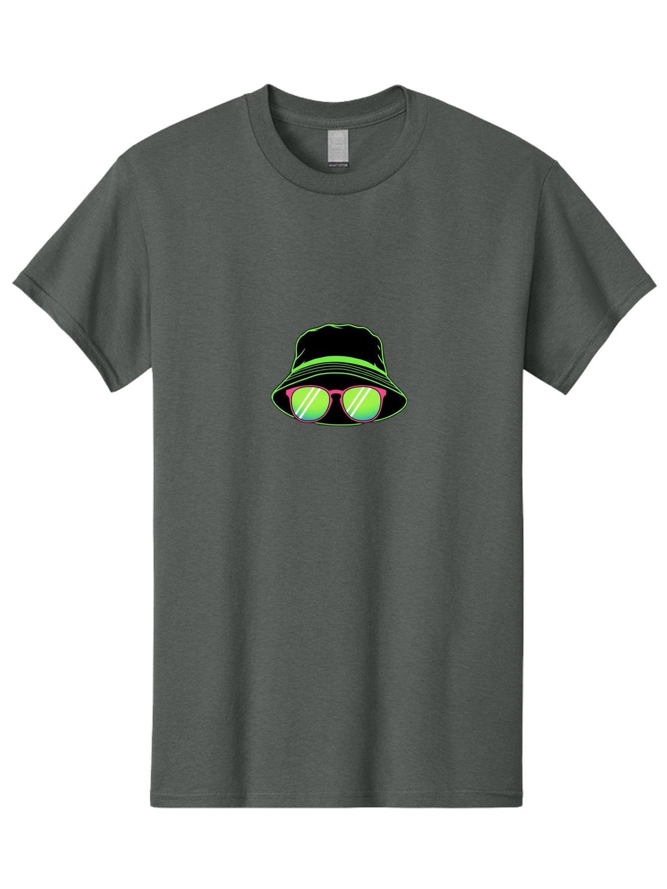 Bucket-Hat-Sunglasses Men'S Graphic Tee, 100% Cotton, Comfortable Casual Summer Wear, Machine Washable, Black Hat, Pink Sunglasses, Green Lenses, White Highlights, Stylish Accessory, Fashion Statement, Trendy Look, Cool Vibe, Hipster Style Bac718 13