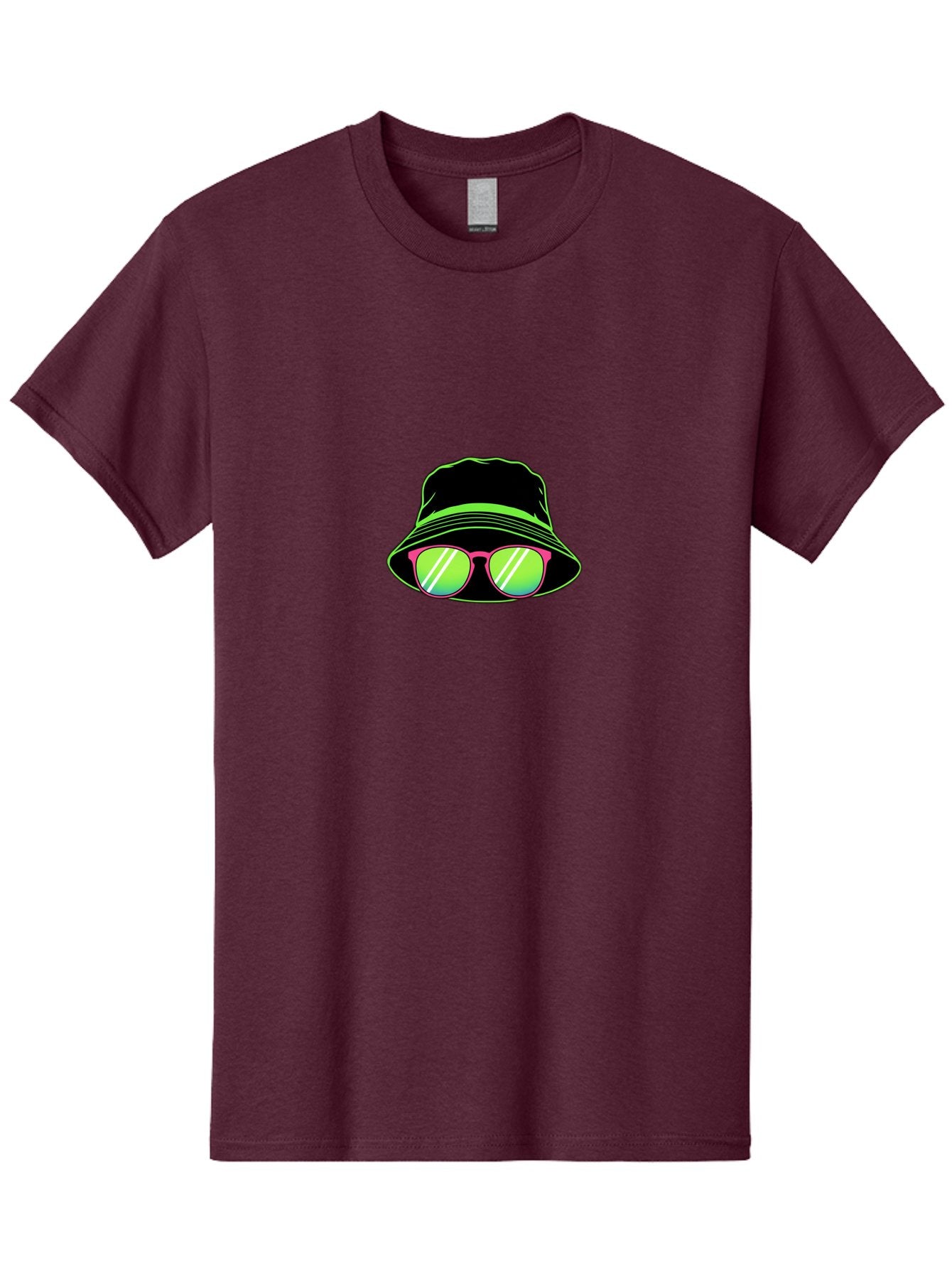 Bucket-Hat-Sunglasses Men'S Graphic Tee, 100% Cotton, Comfortable Casual Summer Wear, Machine Washable, Black Hat, Pink Sunglasses, Green Lenses, White Highlights, Stylish Accessory, Fashion Statement, Trendy Look, Cool Vibe, Hipster Style Bac718 5