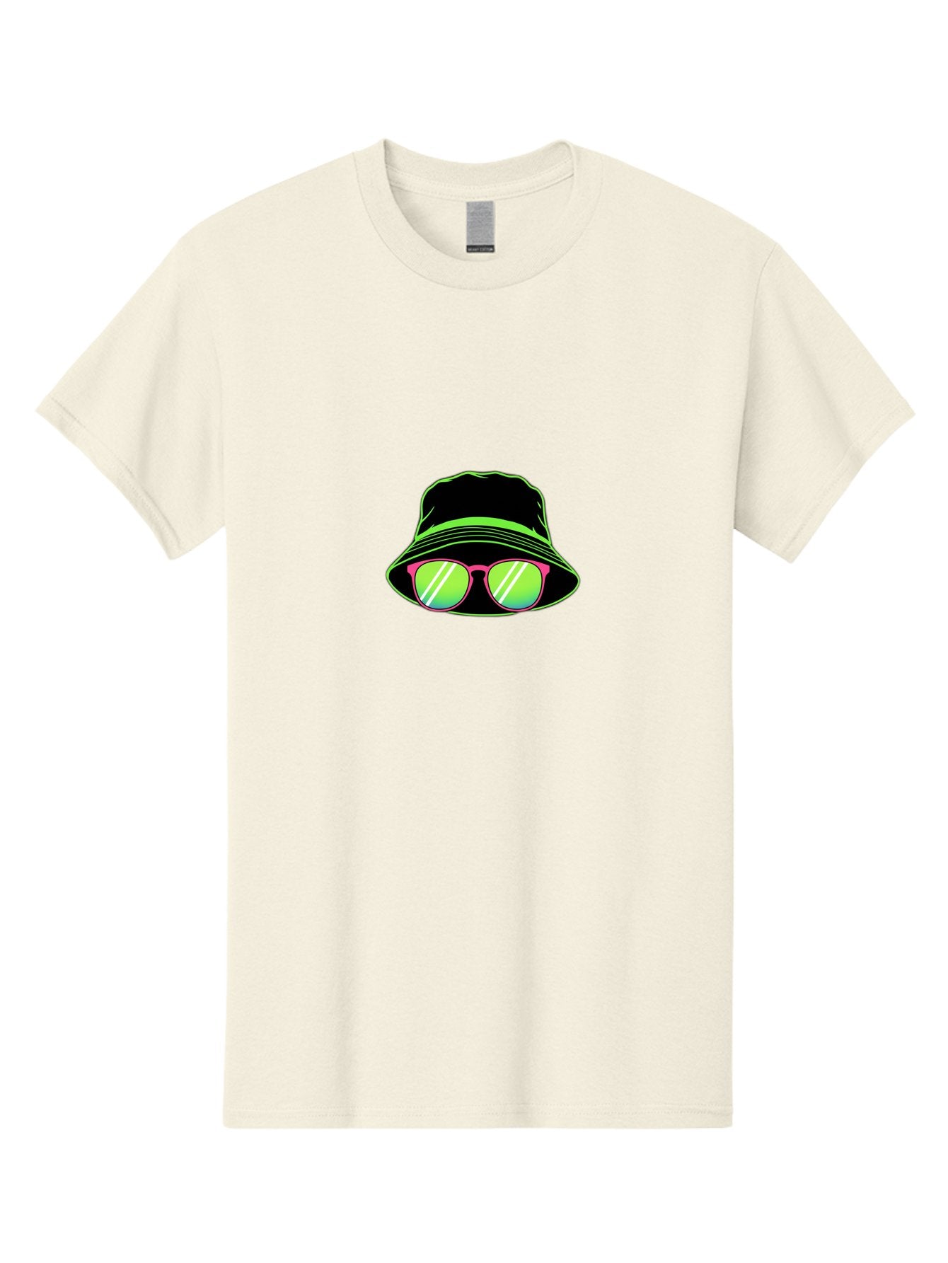 Bucket-Hat-Sunglasses Men'S Graphic Tee, 100% Cotton, Comfortable Casual Summer Wear, Machine Washable, Black Hat, Pink Sunglasses, Green Lenses, White Highlights, Stylish Accessory, Fashion Statement, Trendy Look, Cool Vibe, Hipster Style Bac718 8