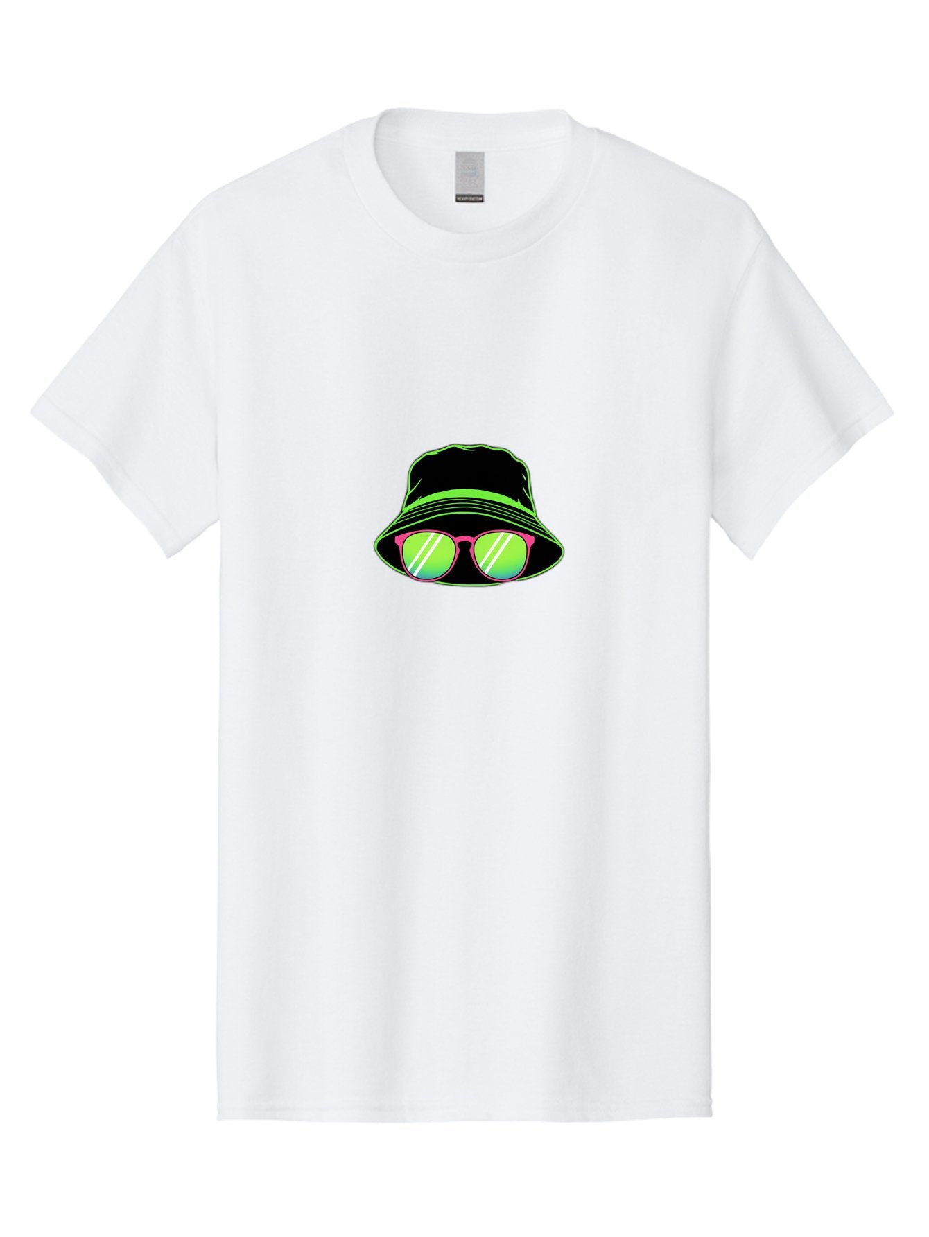 Bucket-Hat-Sunglasses Men'S Graphic Tee, 100% Cotton, Comfortable Casual Summer Wear, Machine Washable, Black Hat, Pink Sunglasses, Green Lenses, White Highlights, Stylish Accessory, Fashion Statement, Trendy Look, Cool Vibe, Hipster Style Bac718 15