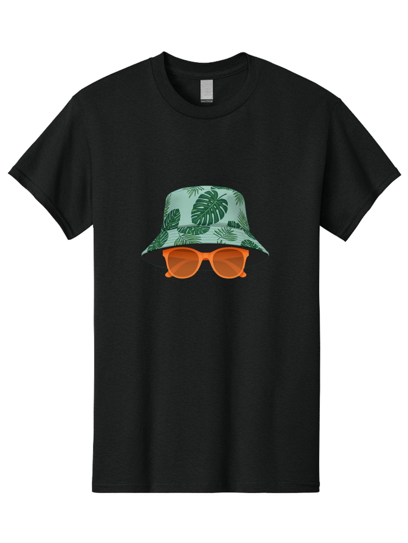 Bucket-Hat-With-Sunglasses Men'S Graphic Tee, 100% Cotton, Comfortable Casual Summer Wear, Machine Washable, Summer Fashion, Tropical Vibes, Stylish Accessories, Leaf Pattern, Fashionable Eyewear, Beachwear, Trendy Clothing, Orange Sunglasses, Bac719 3