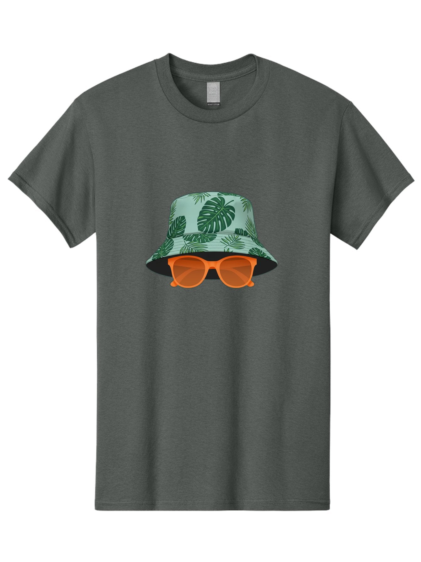 Bucket-Hat-With-Sunglasses Men'S Graphic Tee, 100% Cotton, Comfortable Casual Summer Wear, Machine Washable, Summer Fashion, Tropical Vibes, Stylish Accessories, Leaf Pattern, Fashionable Eyewear, Beachwear, Trendy Clothing, Orange Sunglasses, Bac719 15
