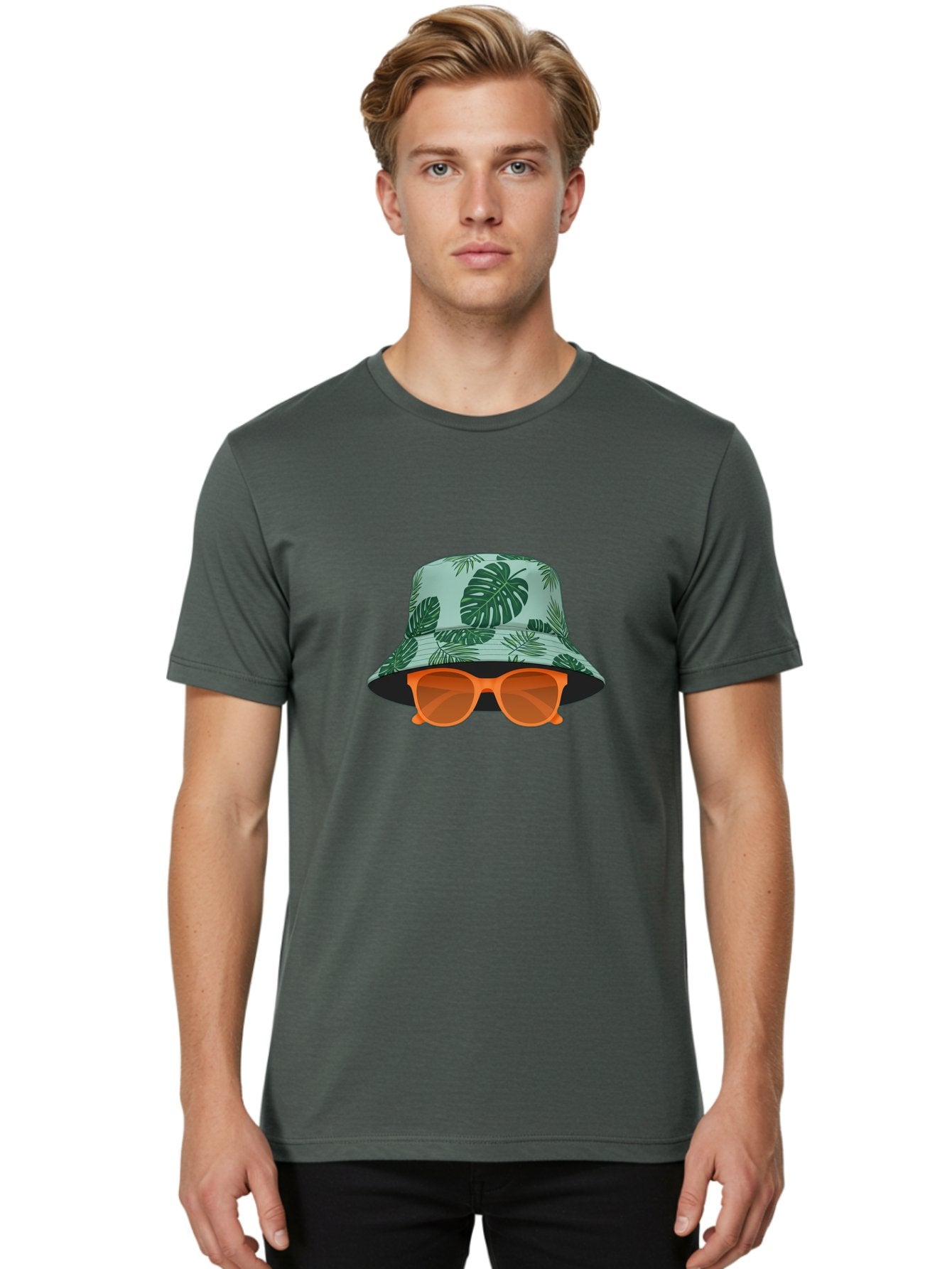 Bucket-Hat-With-Sunglasses Men'S Graphic Tee, 100% Cotton, Comfortable Casual Summer Wear, Machine Washable, Summer Fashion, Tropical Vibes, Stylish Accessories, Leaf Pattern, Fashionable Eyewear, Beachwear, Trendy Clothing, Orange Sunglasses, Bac719 30