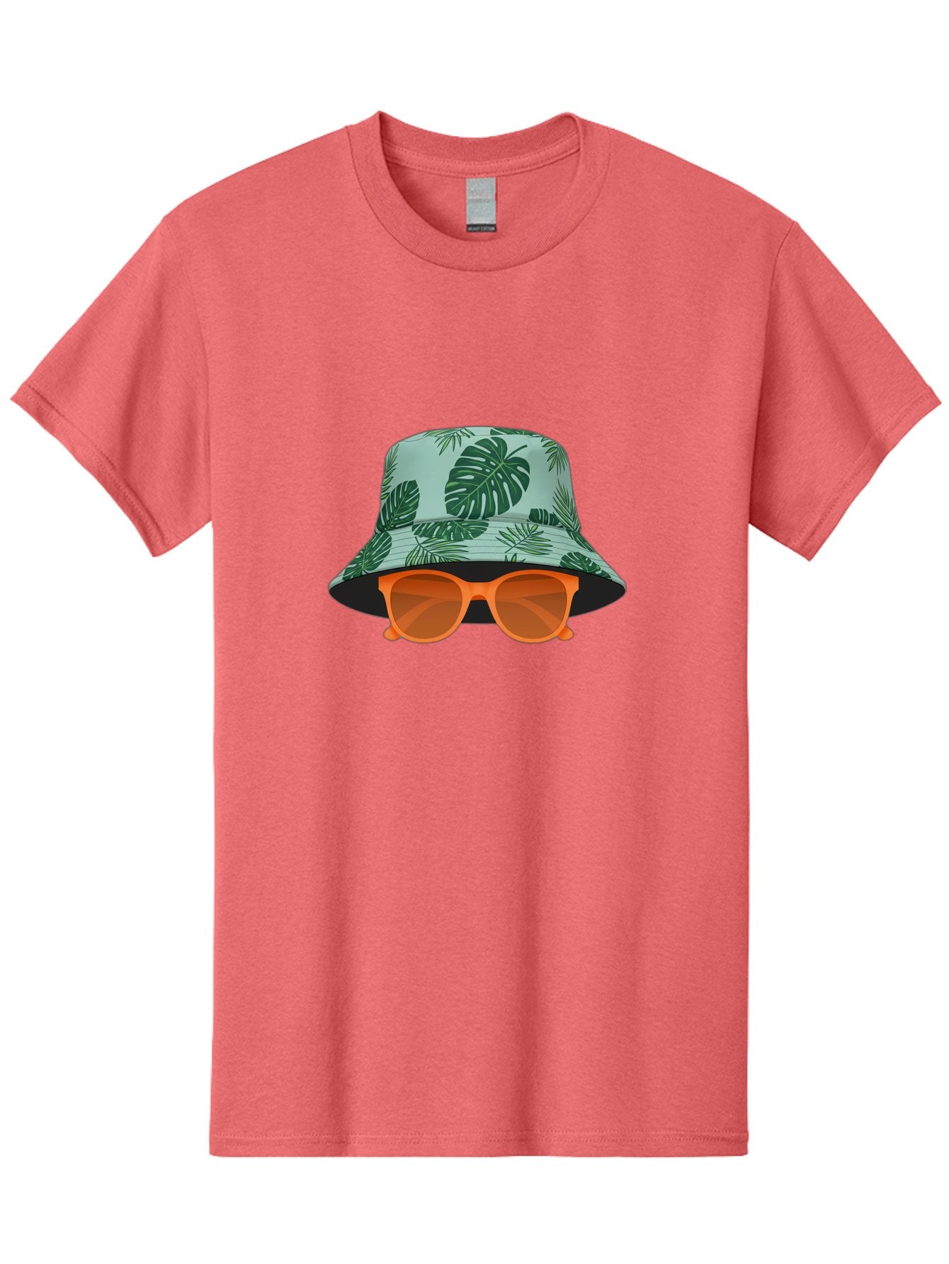 Bucket-Hat-With-Sunglasses Men'S Graphic Tee, 100% Cotton, Comfortable Casual Summer Wear, Machine Washable, Summer Fashion, Tropical Vibes, Stylish Accessories, Leaf Pattern, Fashionable Eyewear, Beachwear, Trendy Clothing, Orange Sunglasses, Bac719 10