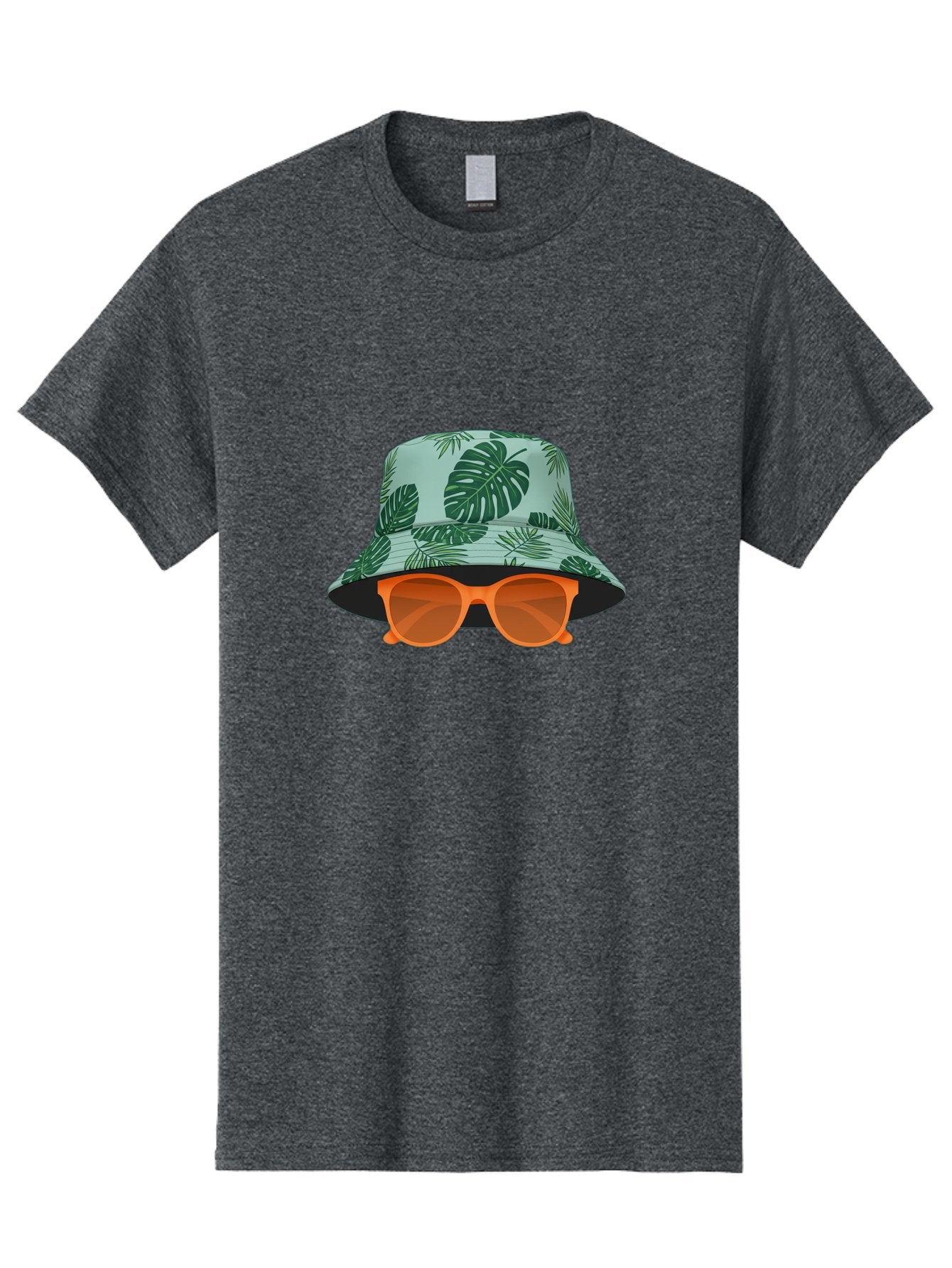 Bucket-Hat-With-Sunglasses Men'S Graphic Tee, 100% Cotton, Comfortable Casual Summer Wear, Machine Washable, Summer Fashion, Tropical Vibes, Stylish Accessories, Leaf Pattern, Fashionable Eyewear, Beachwear, Trendy Clothing, Orange Sunglasses, Bac719 12