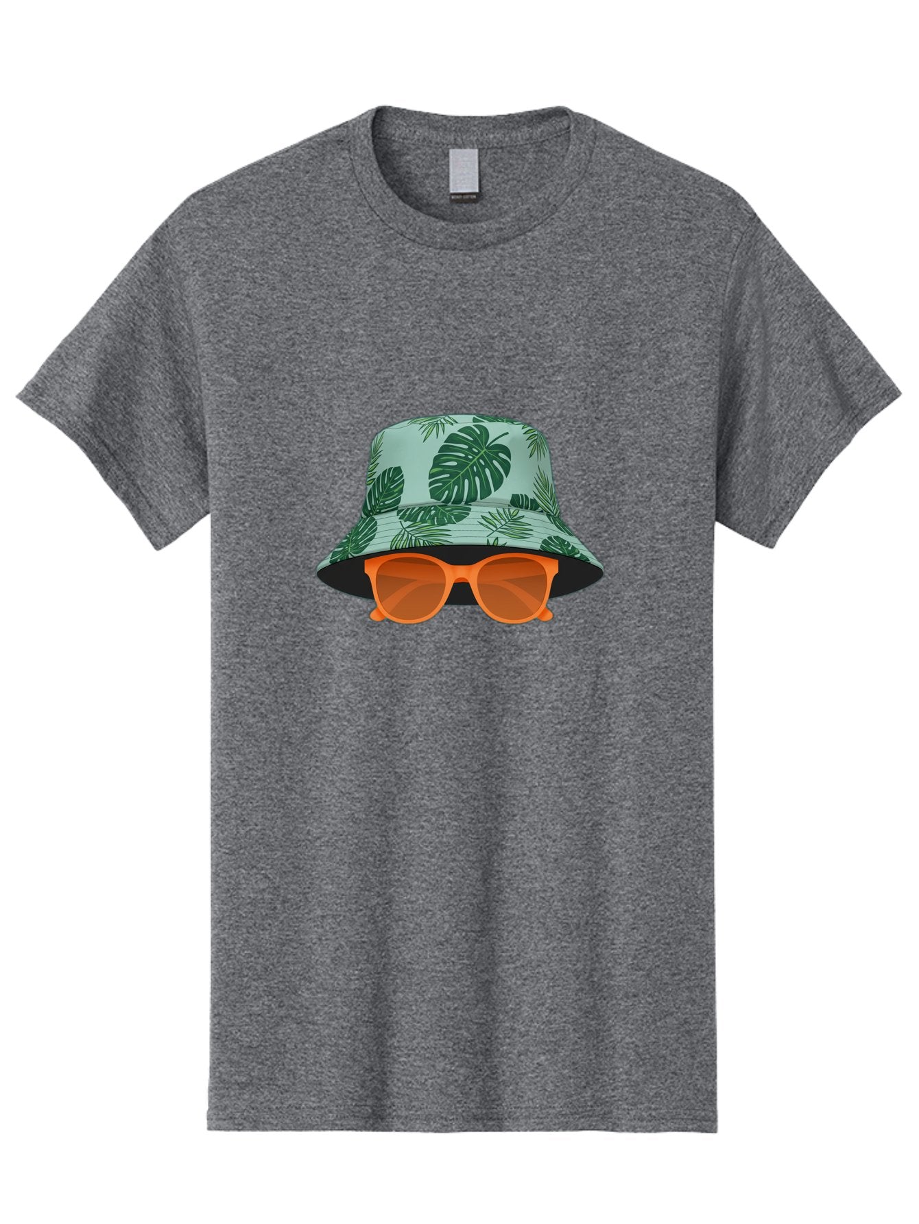 Bucket-Hat-With-Sunglasses Men'S Graphic Tee, 100% Cotton, Comfortable Casual Summer Wear, Machine Washable, Summer Fashion, Tropical Vibes, Stylish Accessories, Leaf Pattern, Fashionable Eyewear, Beachwear, Trendy Clothing, Orange Sunglasses, Bac719 7