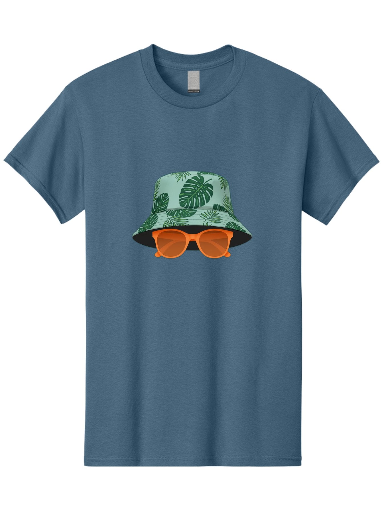 Bucket-Hat-With-Sunglasses Men'S Graphic Tee, 100% Cotton, Comfortable Casual Summer Wear, Machine Washable, Summer Fashion, Tropical Vibes, Stylish Accessories, Leaf Pattern, Fashionable Eyewear, Beachwear, Trendy Clothing, Orange Sunglasses, Bac719