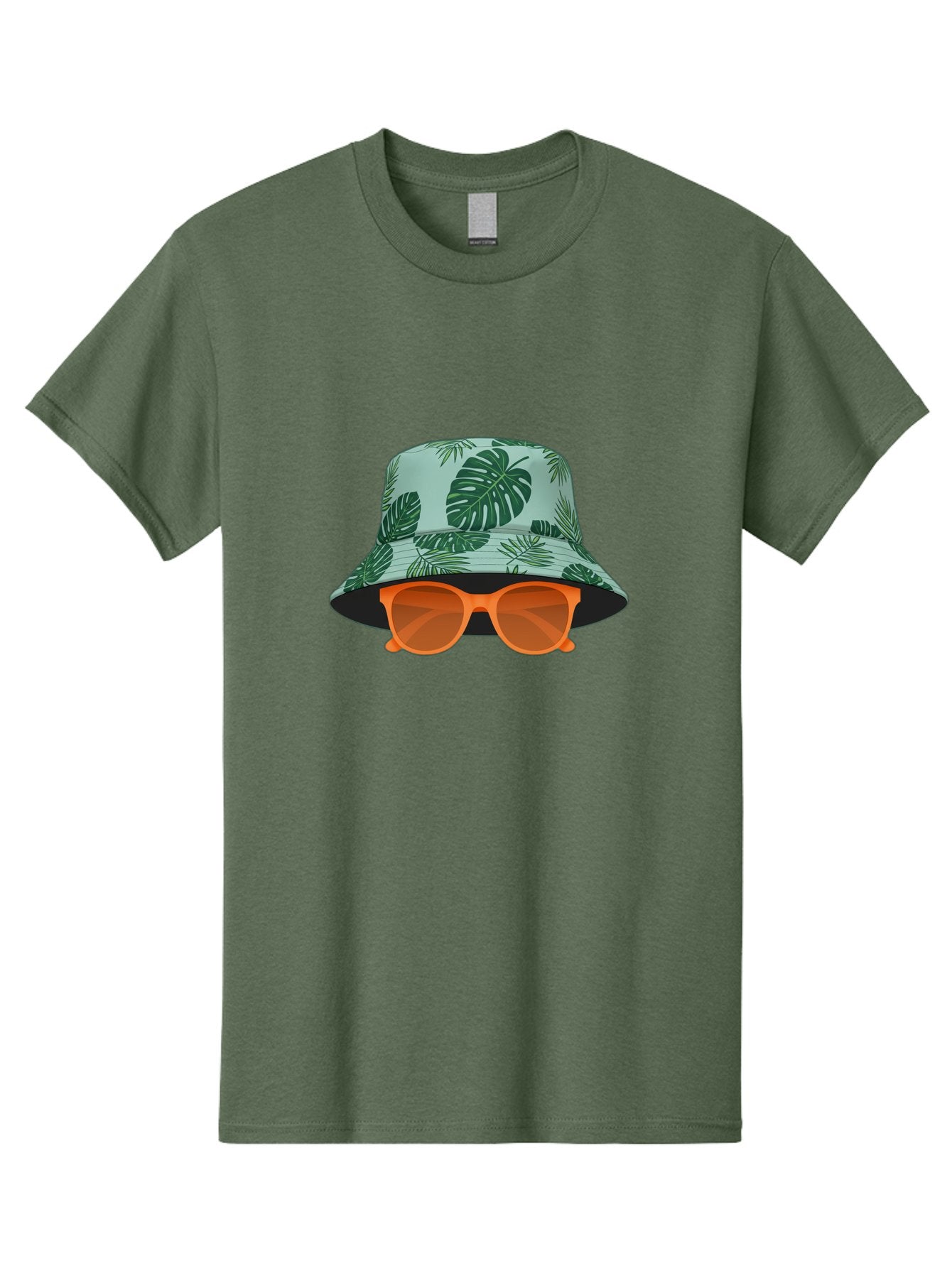 Bucket-Hat-With-Sunglasses Men'S Graphic Tee, 100% Cotton, Comfortable Casual Summer Wear, Machine Washable, Summer Fashion, Tropical Vibes, Stylish Accessories, Leaf Pattern, Fashionable Eyewear, Beachwear, Trendy Clothing, Orange Sunglasses, Bac719 14