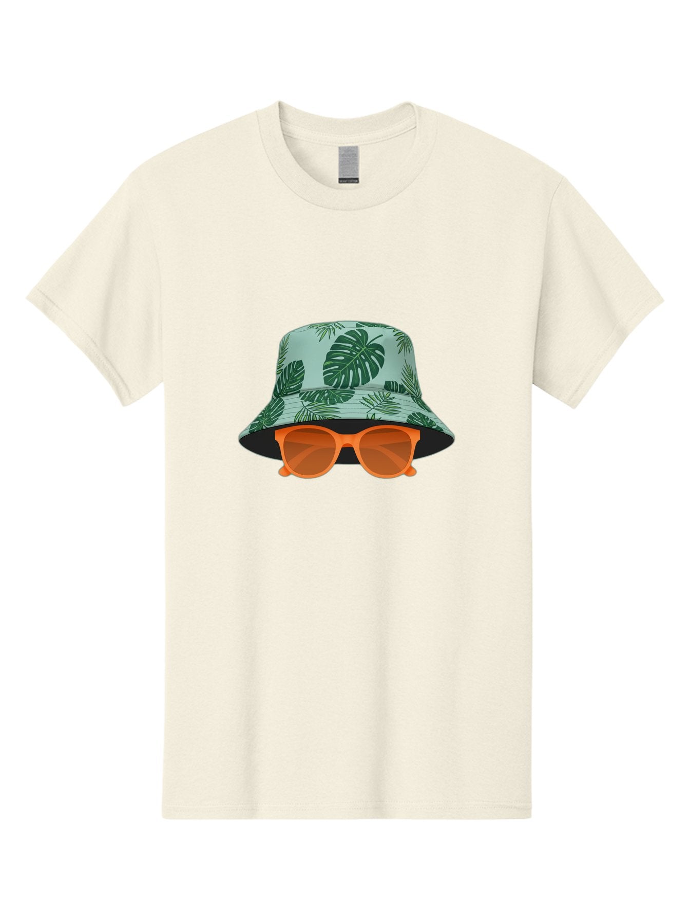 Bucket-Hat-With-Sunglasses Men'S Graphic Tee, 100% Cotton, Comfortable Casual Summer Wear, Machine Washable, Summer Fashion, Tropical Vibes, Stylish Accessories, Leaf Pattern, Fashionable Eyewear, Beachwear, Trendy Clothing, Orange Sunglasses, Bac719
