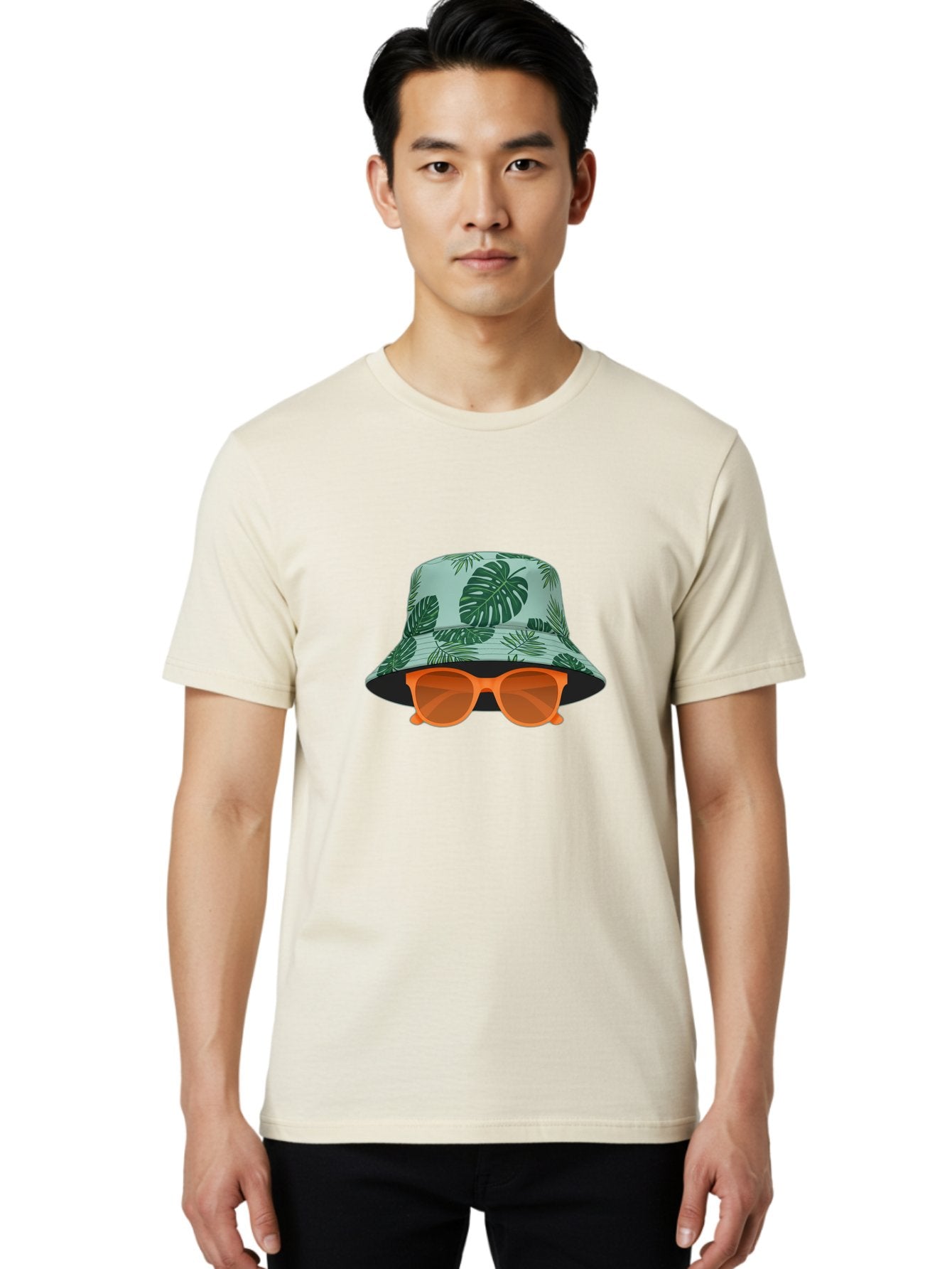 Bucket-Hat-With-Sunglasses Men'S Graphic Tee, 100% Cotton, Comfortable Casual Summer Wear, Machine Washable, Summer Fashion, Tropical Vibes, Stylish Accessories, Leaf Pattern, Fashionable Eyewear, Beachwear, Trendy Clothing, Orange Sunglasses, Bac719 21