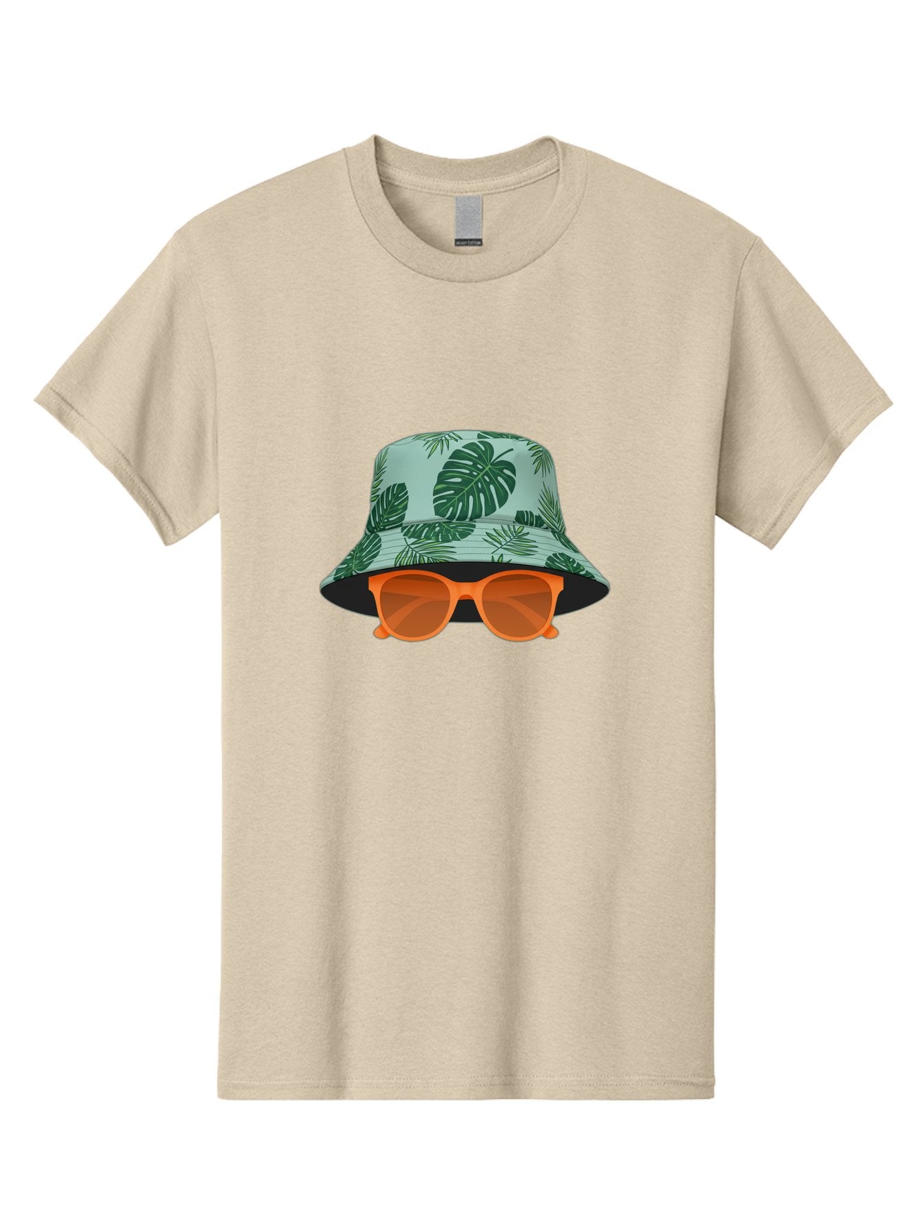 Bucket-Hat-With-Sunglasses Men'S Graphic Tee, 100% Cotton, Comfortable Casual Summer Wear, Machine Washable, Summer Fashion, Tropical Vibes, Stylish Accessories, Leaf Pattern, Fashionable Eyewear, Beachwear, Trendy Clothing, Orange Sunglasses, Bac719 5