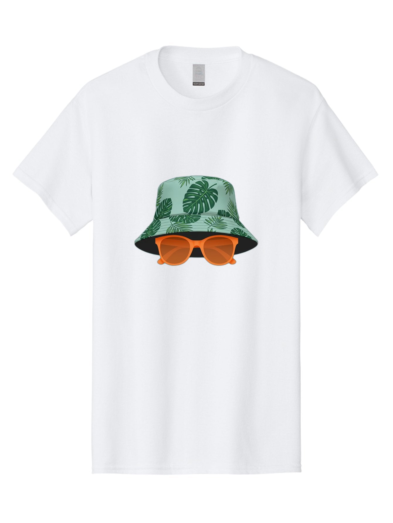 Bucket-Hat-With-Sunglasses Men'S Graphic Tee, 100% Cotton, Comfortable Casual Summer Wear, Machine Washable, Summer Fashion, Tropical Vibes, Stylish Accessories, Leaf Pattern, Fashionable Eyewear, Beachwear, Trendy Clothing, Orange Sunglasses, Bac719 9