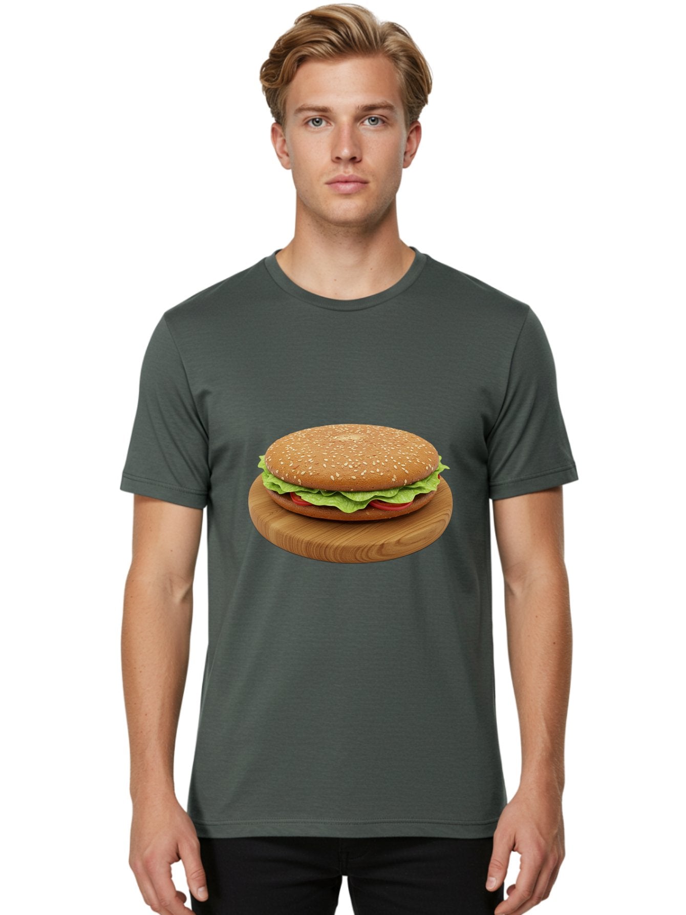 Burger-On-Chopping-Board Men'S Graphic Tee, 100% Cotton, Comfortable Casual Summer Wear, Machine Washable, Sesame Seed Bun, Lettuce, Tomato, Wooden Board, Gourmet Food, Meal Presentation, Appetizing Burger, Fast Food Bac720 27