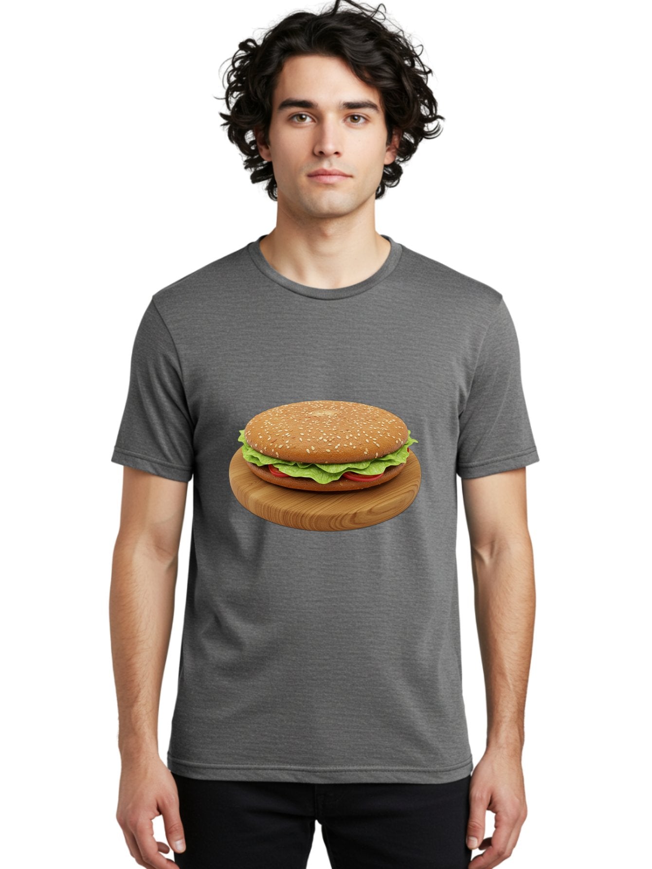 Burger-On-Chopping-Board Men'S Graphic Tee, 100% Cotton, Comfortable Casual Summer Wear, Machine Washable, Sesame Seed Bun, Lettuce, Tomato, Wooden Board, Gourmet Food, Meal Presentation, Appetizing Burger, Fast Food Bac720 23