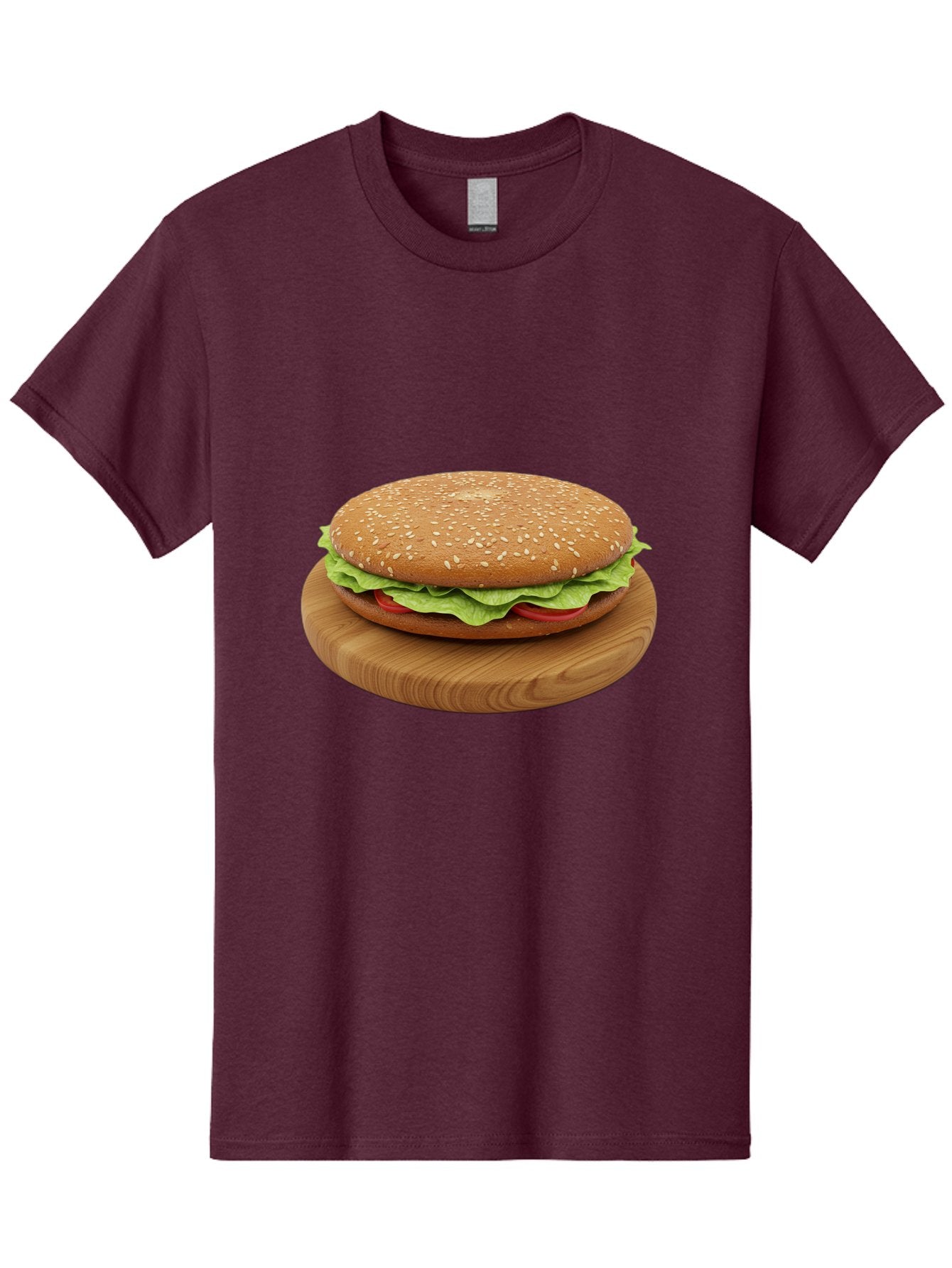 Burger-On-Chopping-Board Men'S Graphic Tee, 100% Cotton, Comfortable Casual Summer Wear, Machine Washable, Sesame Seed Bun, Lettuce, Tomato, Wooden Board, Gourmet Food, Meal Presentation, Appetizing Burger, Fast Food Bac720