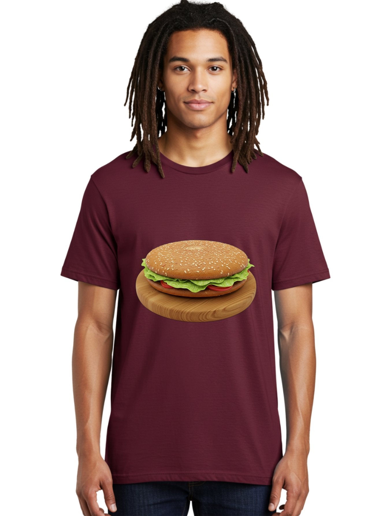 Burger-On-Chopping-Board Men'S Graphic Tee, 100% Cotton, Comfortable Casual Summer Wear, Machine Washable, Sesame Seed Bun, Lettuce, Tomato, Wooden Board, Gourmet Food, Meal Presentation, Appetizing Burger, Fast Food Bac720 21