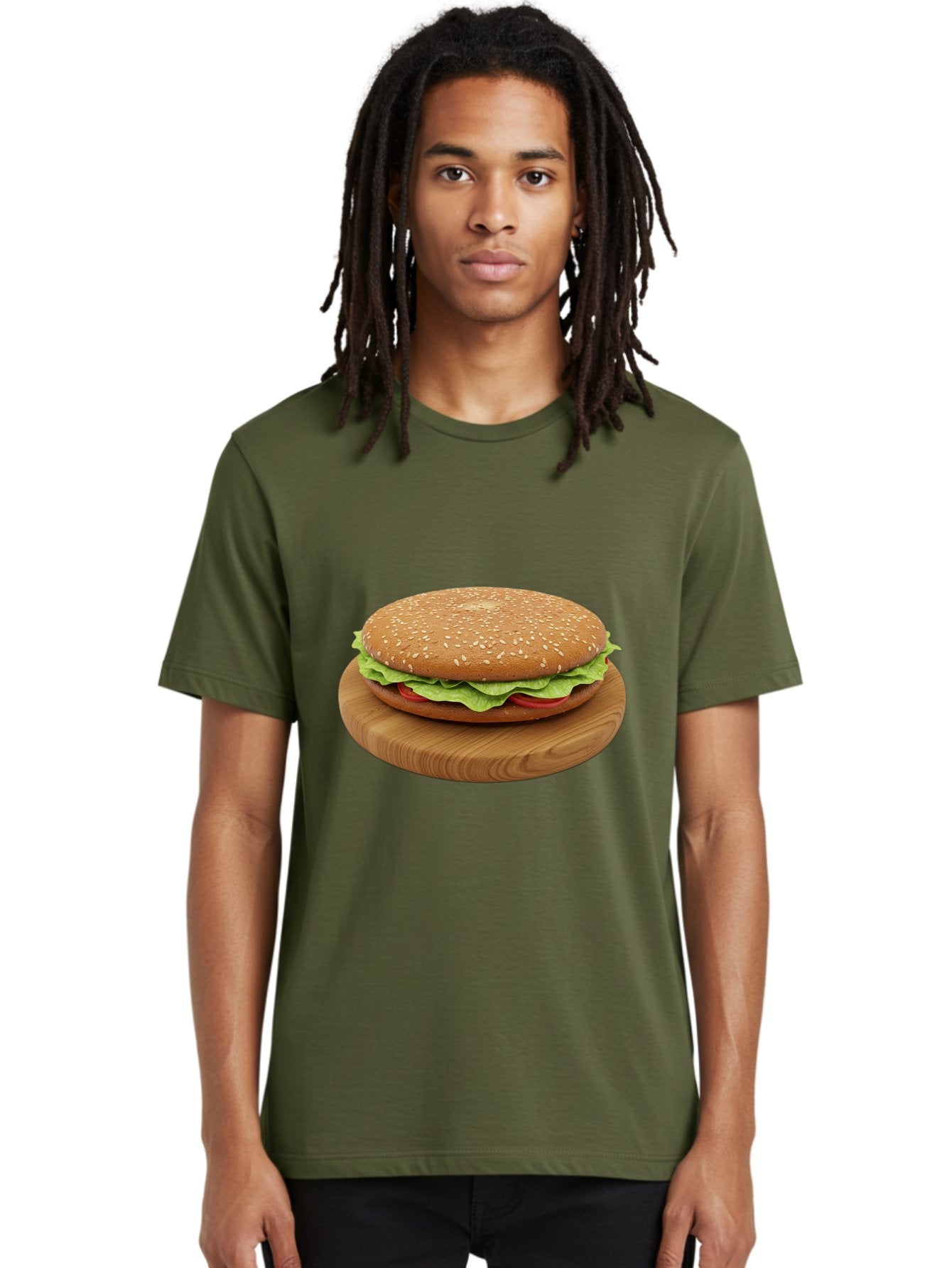 Burger-On-Chopping-Board Men'S Graphic Tee, 100% Cotton, Comfortable Casual Summer Wear, Machine Washable, Sesame Seed Bun, Lettuce, Tomato, Wooden Board, Gourmet Food, Meal Presentation, Appetizing Burger, Fast Food Bac720 22