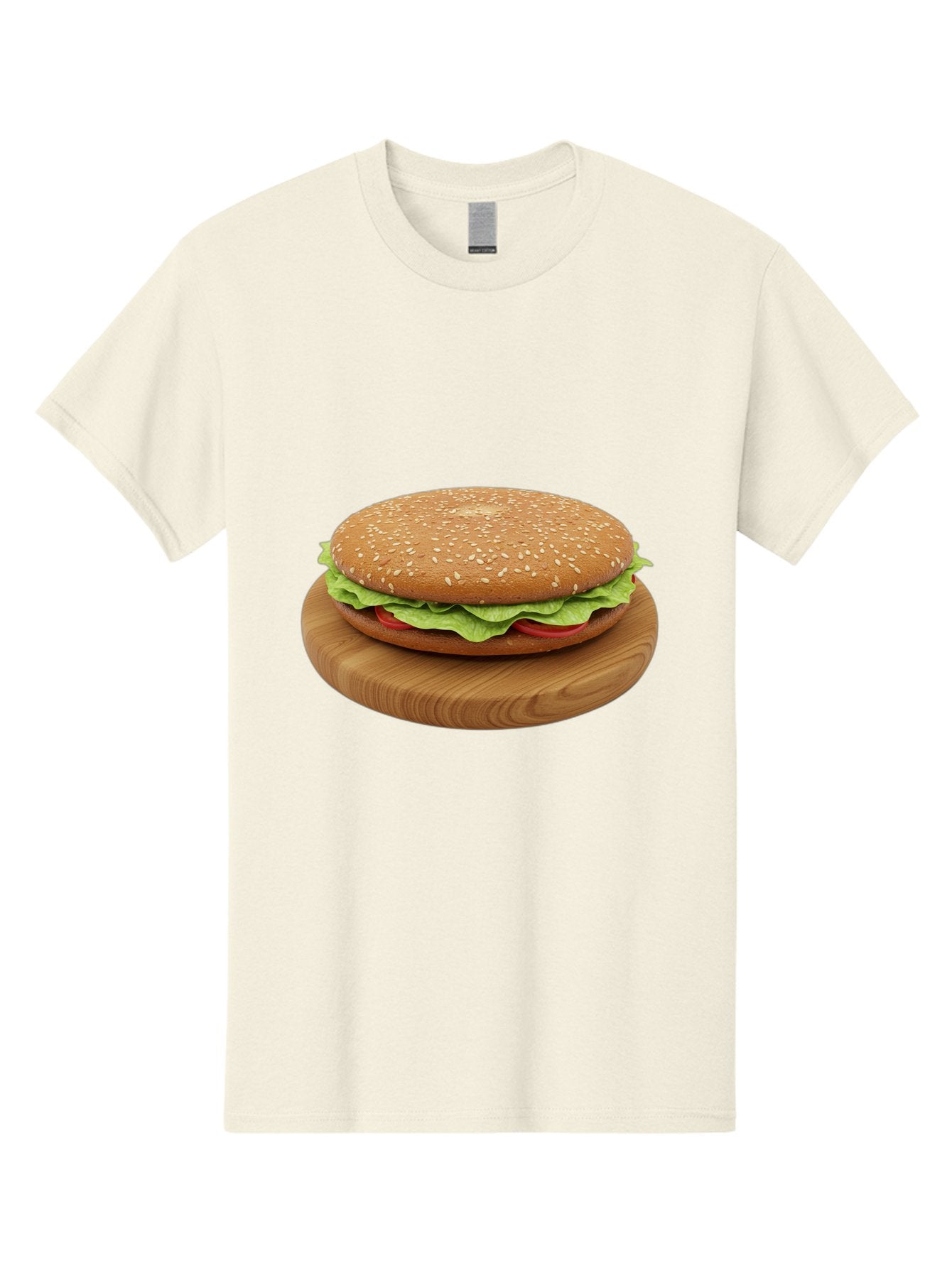 Burger-On-Chopping-Board Men'S Graphic Tee, 100% Cotton, Comfortable Casual Summer Wear, Machine Washable, Sesame Seed Bun, Lettuce, Tomato, Wooden Board, Gourmet Food, Meal Presentation, Appetizing Burger, Fast Food Bac720