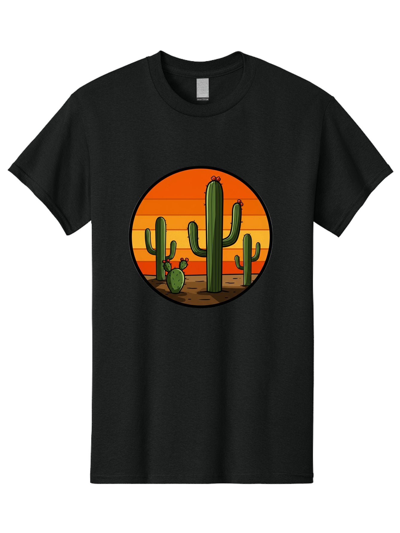 Cacti-Sunset Men'S Graphic Tee, 100% Cotton, Comfortable Casual Summer Wear, Machine Washable, Desert Landscape, Cacti, Sunset, Orange Gradient, Cartoon Style, Arid Environment, Dry Terrain, Western Scenery, Prickly Plants, Vibrant Colors Bac722 15