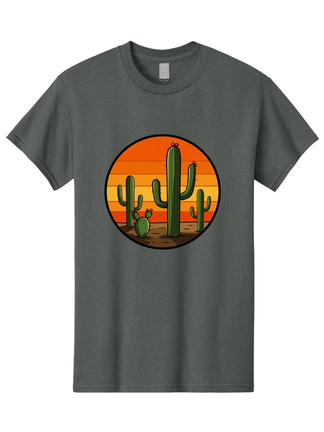 Cacti-Sunset Men'S Graphic Tee, 100% Cotton, Comfortable Casual Summer Wear, Machine Washable, Desert Landscape, Cacti, Sunset, Orange Gradient, Cartoon Style, Arid Environment, Dry Terrain, Western Scenery, Prickly Plants, Vibrant Colors Bac722 8