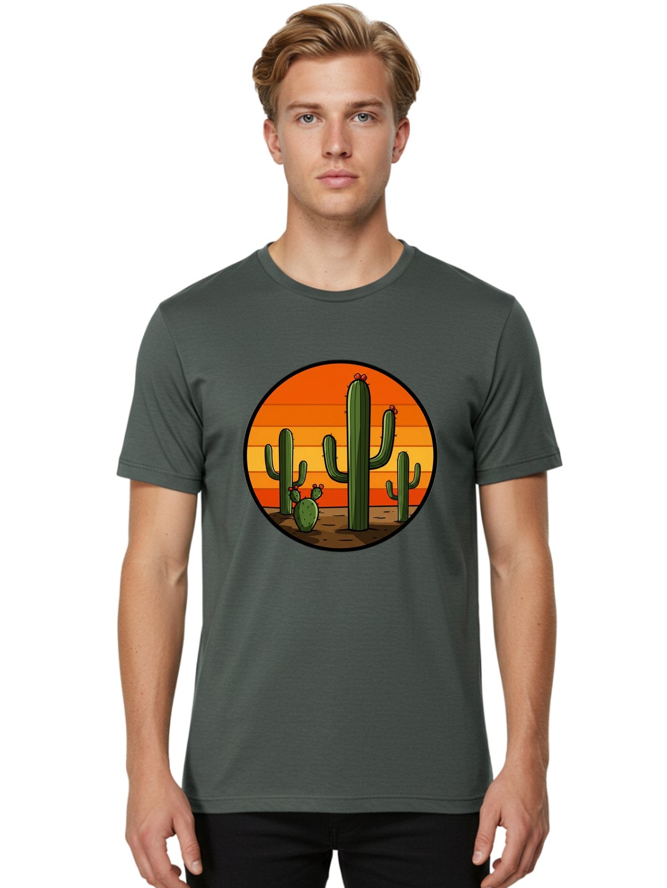 Cacti-Sunset Men'S Graphic Tee, 100% Cotton, Comfortable Casual Summer Wear, Machine Washable, Desert Landscape, Cacti, Sunset, Orange Gradient, Cartoon Style, Arid Environment, Dry Terrain, Western Scenery, Prickly Plants, Vibrant Colors Bac722 25