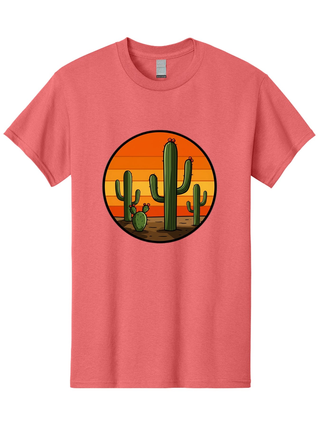 Cacti-Sunset Men'S Graphic Tee, 100% Cotton, Comfortable Casual Summer Wear, Machine Washable, Desert Landscape, Cacti, Sunset, Orange Gradient, Cartoon Style, Arid Environment, Dry Terrain, Western Scenery, Prickly Plants, Vibrant Colors Bac722