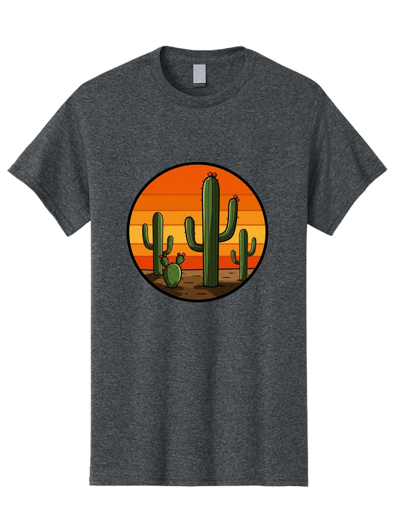 Cacti-Sunset Men'S Graphic Tee, 100% Cotton, Comfortable Casual Summer Wear, Machine Washable, Desert Landscape, Cacti, Sunset, Orange Gradient, Cartoon Style, Arid Environment, Dry Terrain, Western Scenery, Prickly Plants, Vibrant Colors Bac722 13