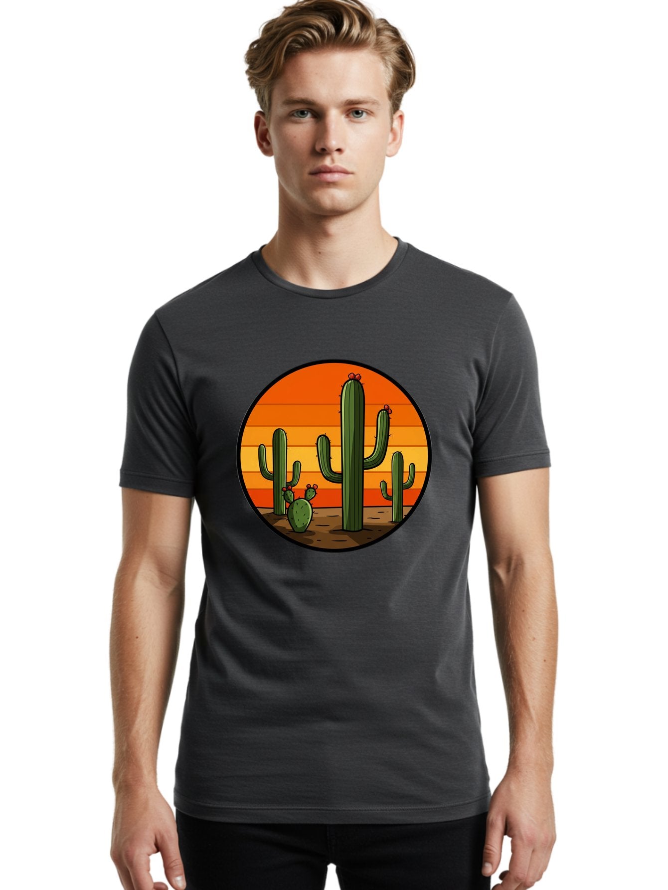 Cacti-Sunset Men'S Graphic Tee, 100% Cotton, Comfortable Casual Summer Wear, Machine Washable, Desert Landscape, Cacti, Sunset, Orange Gradient, Cartoon Style, Arid Environment, Dry Terrain, Western Scenery, Prickly Plants, Vibrant Colors Bac722 20