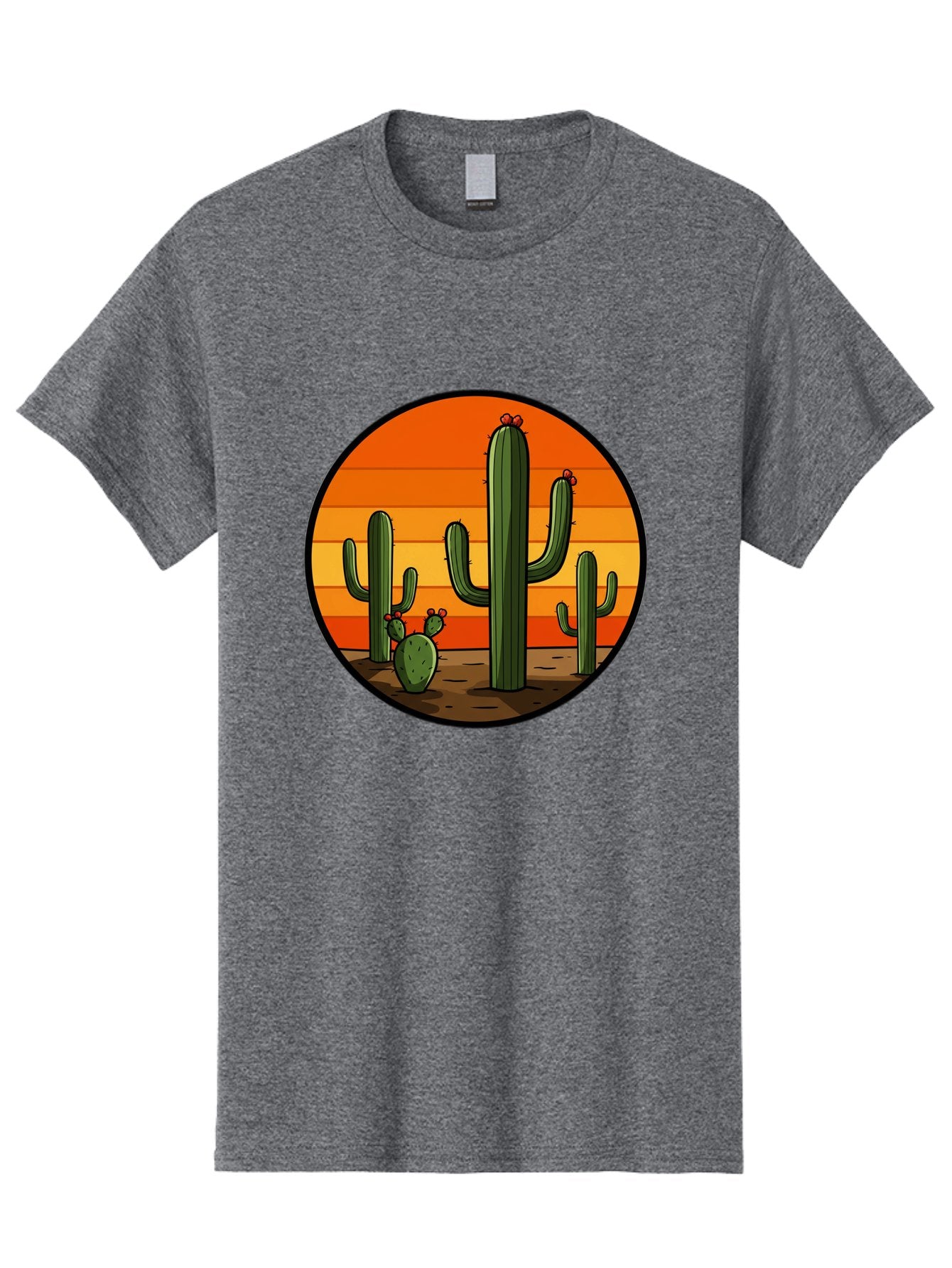 Cacti-Sunset Men'S Graphic Tee, 100% Cotton, Comfortable Casual Summer Wear, Machine Washable, Desert Landscape, Cacti, Sunset, Orange Gradient, Cartoon Style, Arid Environment, Dry Terrain, Western Scenery, Prickly Plants, Vibrant Colors Bac722 4