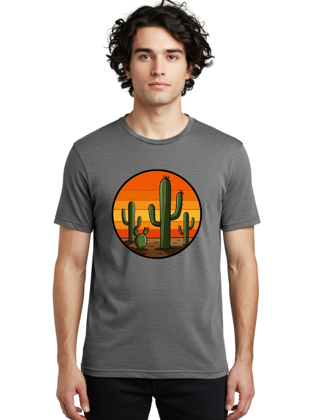 Cacti-Sunset Men'S Graphic Tee, 100% Cotton, Comfortable Casual Summer Wear, Machine Washable, Desert Landscape, Cacti, Sunset, Orange Gradient, Cartoon Style, Arid Environment, Dry Terrain, Western Scenery, Prickly Plants, Vibrant Colors Bac722 18