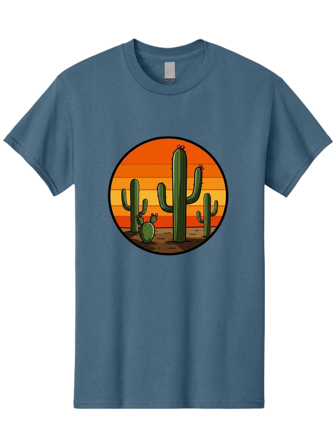 Cacti-Sunset Men'S Graphic Tee, 100% Cotton, Comfortable Casual Summer Wear, Machine Washable, Desert Landscape, Cacti, Sunset, Orange Gradient, Cartoon Style, Arid Environment, Dry Terrain, Western Scenery, Prickly Plants, Vibrant Colors Bac722 9