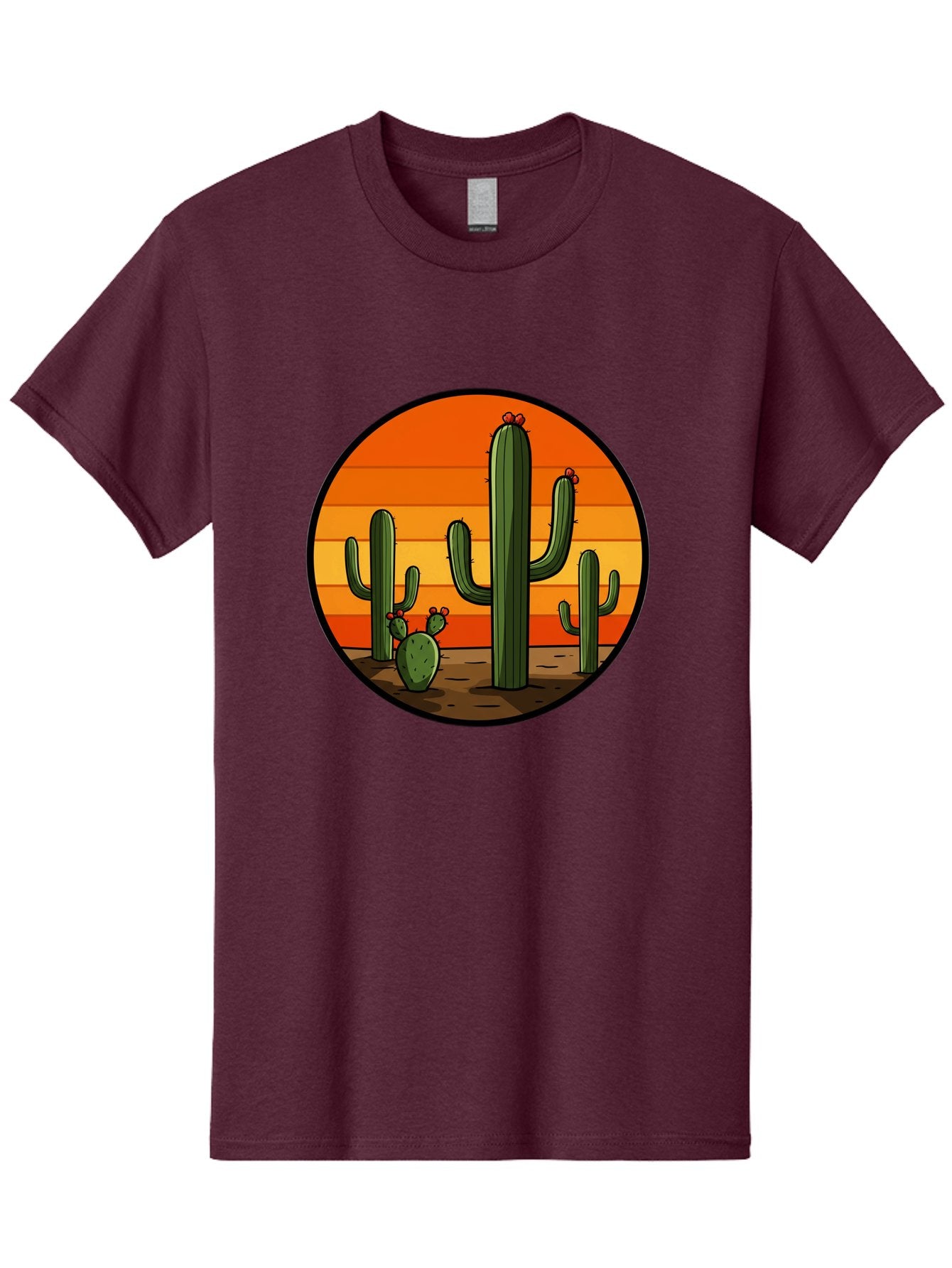 Cacti-Sunset Men'S Graphic Tee, 100% Cotton, Comfortable Casual Summer Wear, Machine Washable, Desert Landscape, Cacti, Sunset, Orange Gradient, Cartoon Style, Arid Environment, Dry Terrain, Western Scenery, Prickly Plants, Vibrant Colors Bac722 3