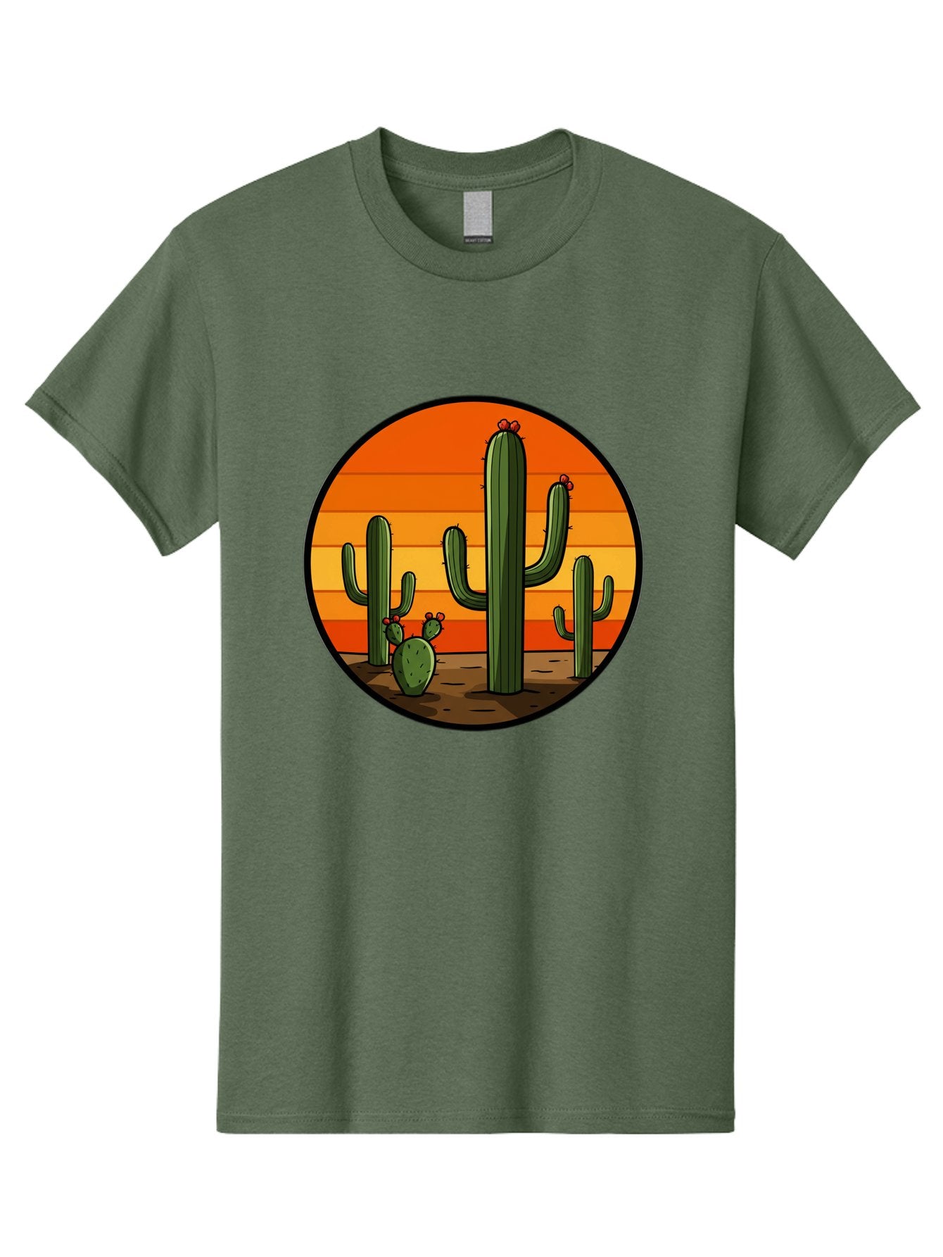 Cacti-Sunset Men'S Graphic Tee, 100% Cotton, Comfortable Casual Summer Wear, Machine Washable, Desert Landscape, Cacti, Sunset, Orange Gradient, Cartoon Style, Arid Environment, Dry Terrain, Western Scenery, Prickly Plants, Vibrant Colors Bac722