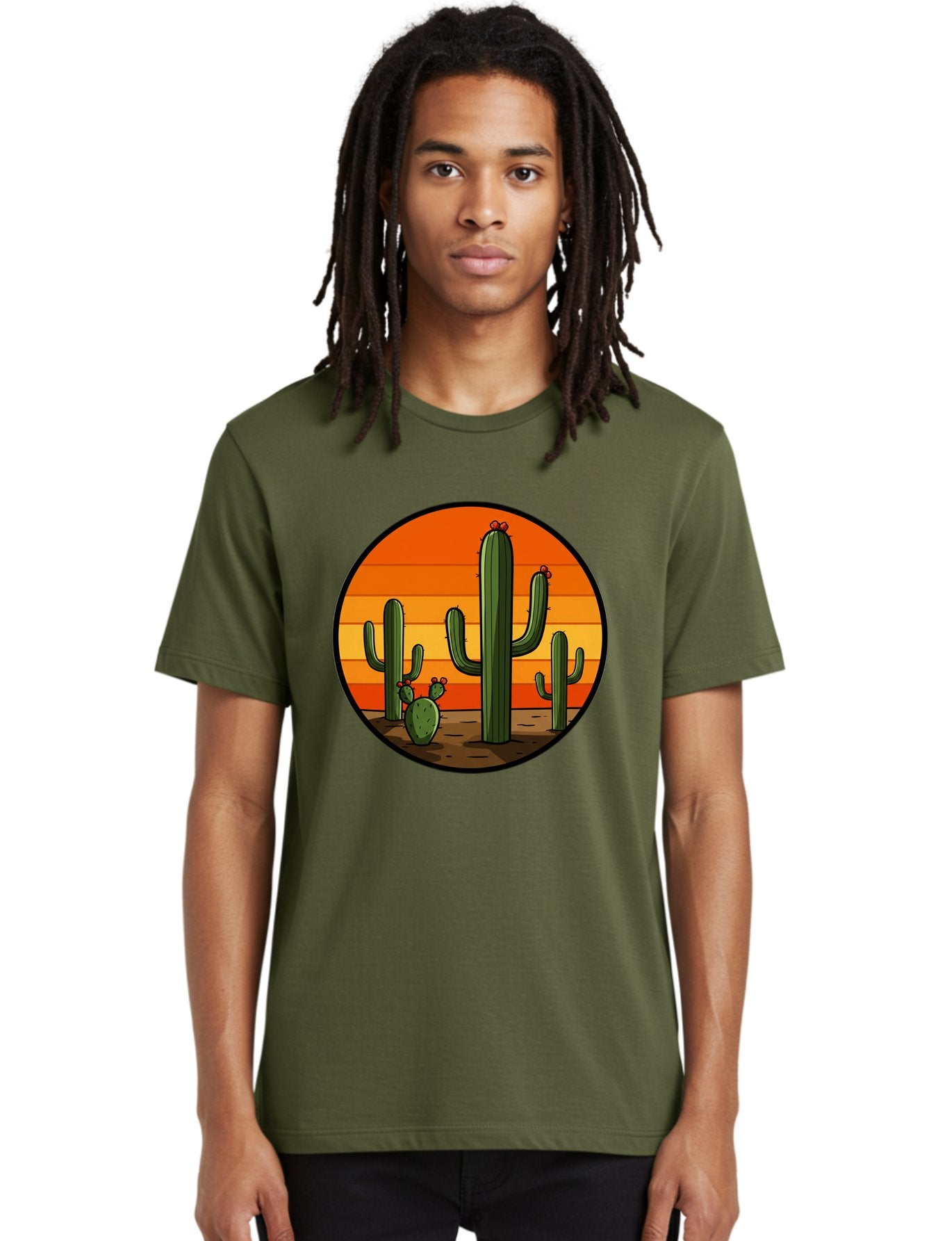 Cacti-Sunset Men'S Graphic Tee, 100% Cotton, Comfortable Casual Summer Wear, Machine Washable, Desert Landscape, Cacti, Sunset, Orange Gradient, Cartoon Style, Arid Environment, Dry Terrain, Western Scenery, Prickly Plants, Vibrant Colors Bac722 21