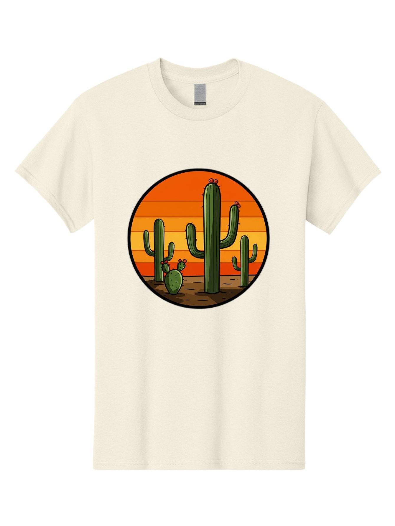 Cacti-Sunset Men'S Graphic Tee, 100% Cotton, Comfortable Casual Summer Wear, Machine Washable, Desert Landscape, Cacti, Sunset, Orange Gradient, Cartoon Style, Arid Environment, Dry Terrain, Western Scenery, Prickly Plants, Vibrant Colors Bac722 12