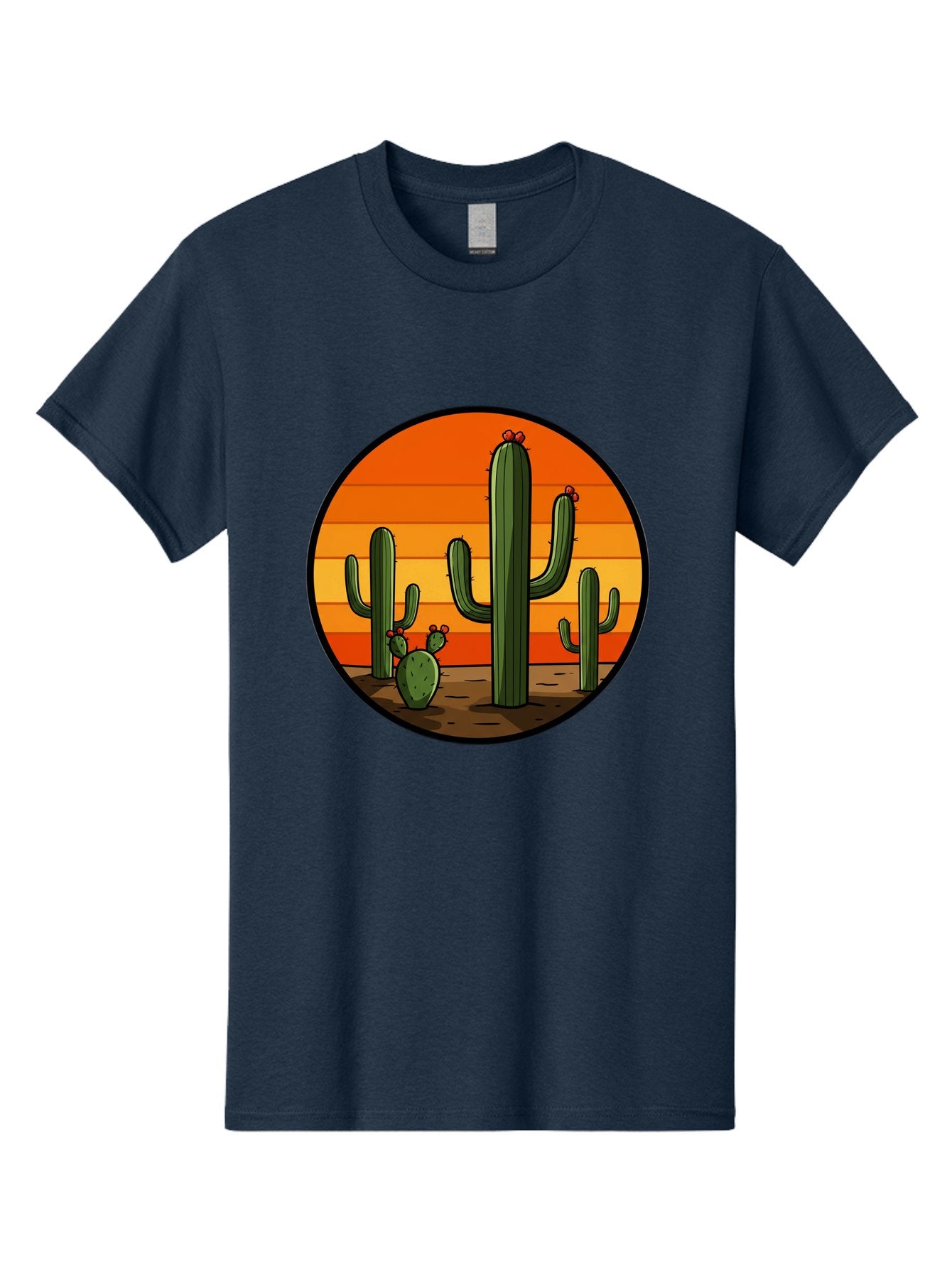 Cacti-Sunset Men'S Graphic Tee, 100% Cotton, Comfortable Casual Summer Wear, Machine Washable, Desert Landscape, Cacti, Sunset, Orange Gradient, Cartoon Style, Arid Environment, Dry Terrain, Western Scenery, Prickly Plants, Vibrant Colors Bac722 7