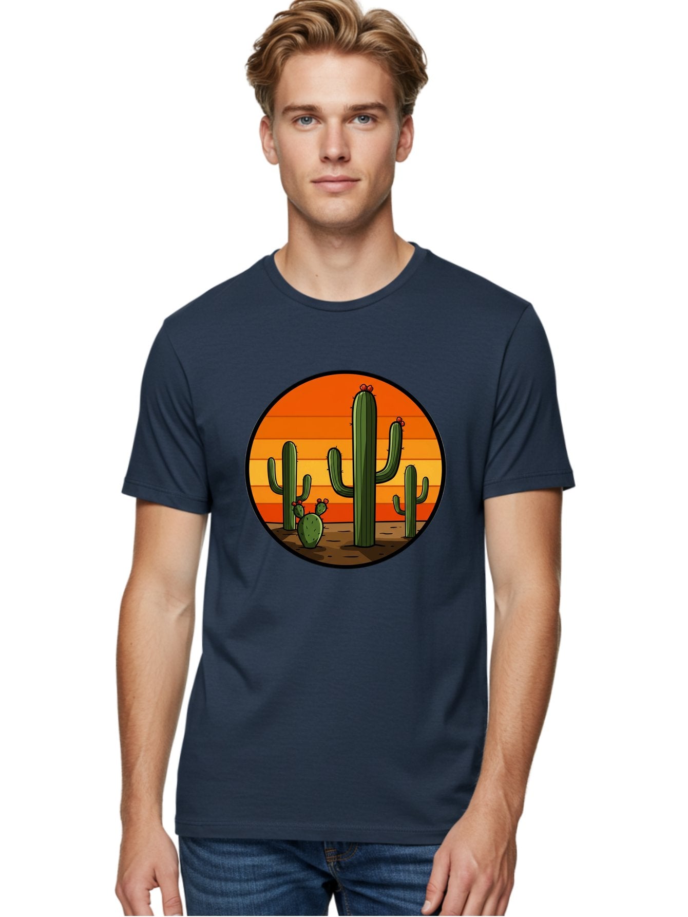 Cacti-Sunset Men'S Graphic Tee, 100% Cotton, Comfortable Casual Summer Wear, Machine Washable, Desert Landscape, Cacti, Sunset, Orange Gradient, Cartoon Style, Arid Environment, Dry Terrain, Western Scenery, Prickly Plants, Vibrant Colors Bac722 16
