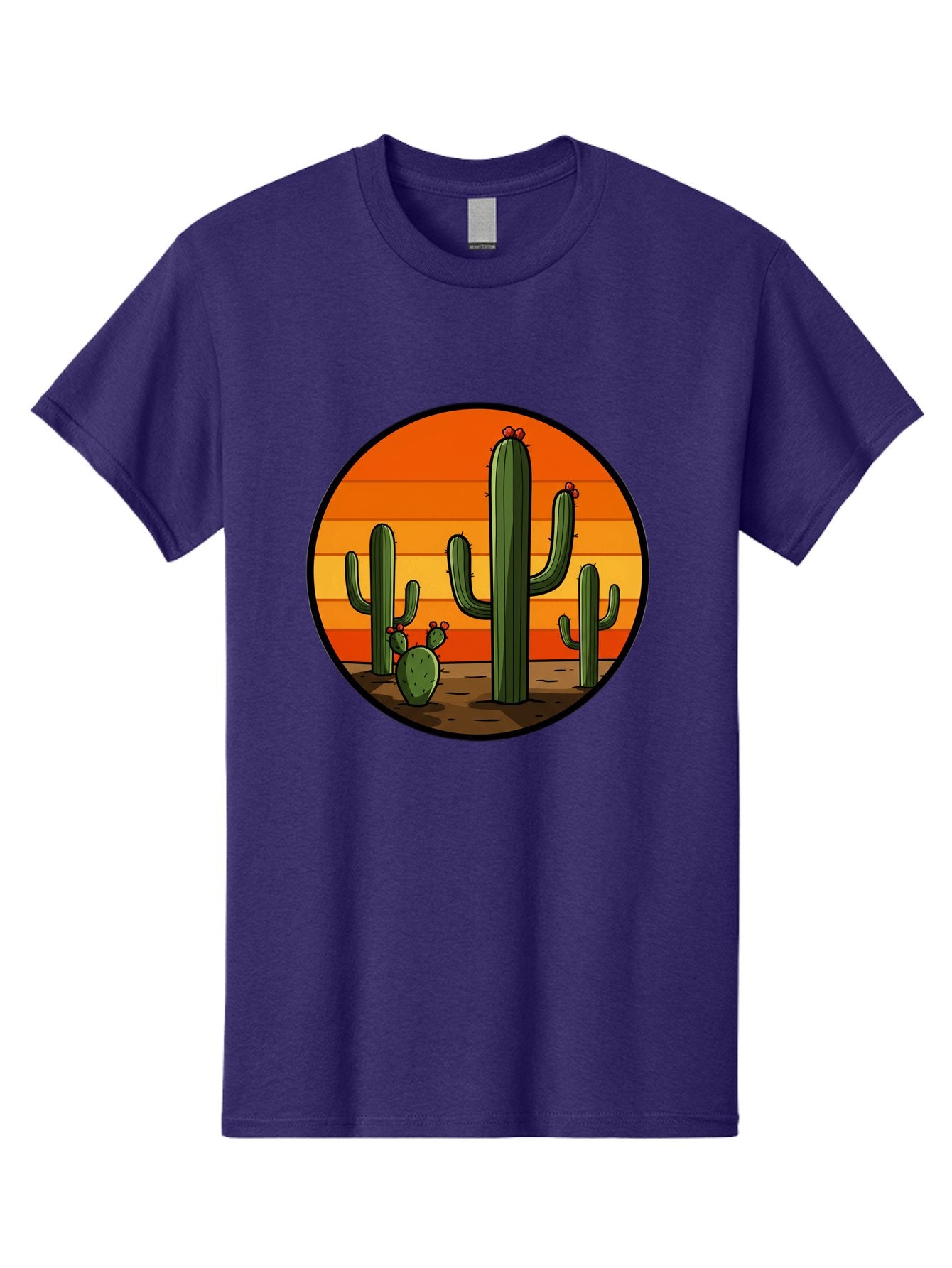 Cacti-Sunset Men'S Graphic Tee, 100% Cotton, Comfortable Casual Summer Wear, Machine Washable, Desert Landscape, Cacti, Sunset, Orange Gradient, Cartoon Style, Arid Environment, Dry Terrain, Western Scenery, Prickly Plants, Vibrant Colors Bac722 11