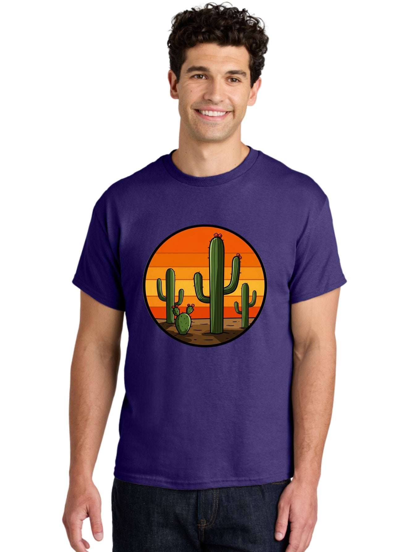 Cacti-Sunset Men'S Graphic Tee, 100% Cotton, Comfortable Casual Summer Wear, Machine Washable, Desert Landscape, Cacti, Sunset, Orange Gradient, Cartoon Style, Arid Environment, Dry Terrain, Western Scenery, Prickly Plants, Vibrant Colors Bac722 27