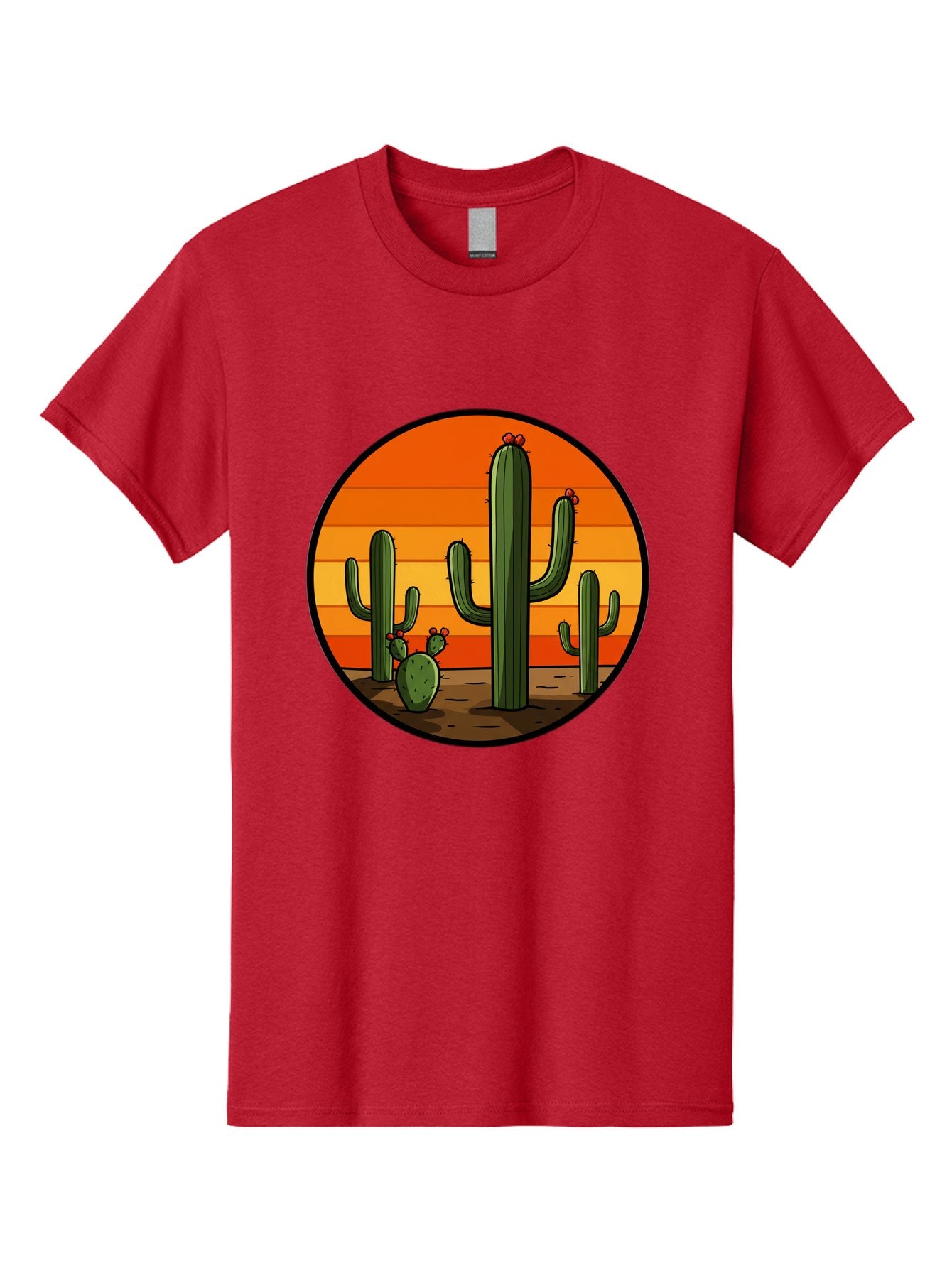 Cacti-Sunset Men'S Graphic Tee, 100% Cotton, Comfortable Casual Summer Wear, Machine Washable, Desert Landscape, Cacti, Sunset, Orange Gradient, Cartoon Style, Arid Environment, Dry Terrain, Western Scenery, Prickly Plants, Vibrant Colors Bac722 6