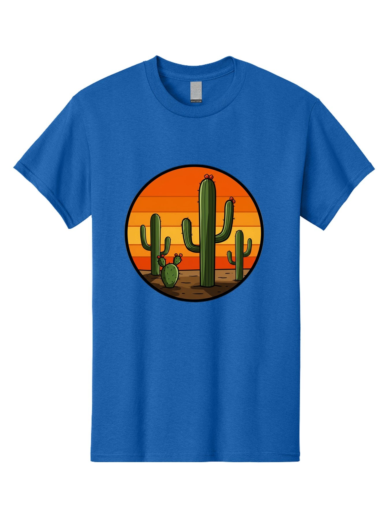 Cacti-Sunset Men'S Graphic Tee, 100% Cotton, Comfortable Casual Summer Wear, Machine Washable, Desert Landscape, Cacti, Sunset, Orange Gradient, Cartoon Style, Arid Environment, Dry Terrain, Western Scenery, Prickly Plants, Vibrant Colors Bac722 14