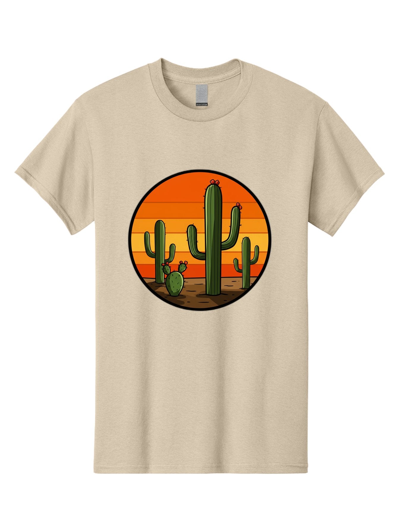 Cacti-Sunset Men'S Graphic Tee, 100% Cotton, Comfortable Casual Summer Wear, Machine Washable, Desert Landscape, Cacti, Sunset, Orange Gradient, Cartoon Style, Arid Environment, Dry Terrain, Western Scenery, Prickly Plants, Vibrant Colors Bac722 10