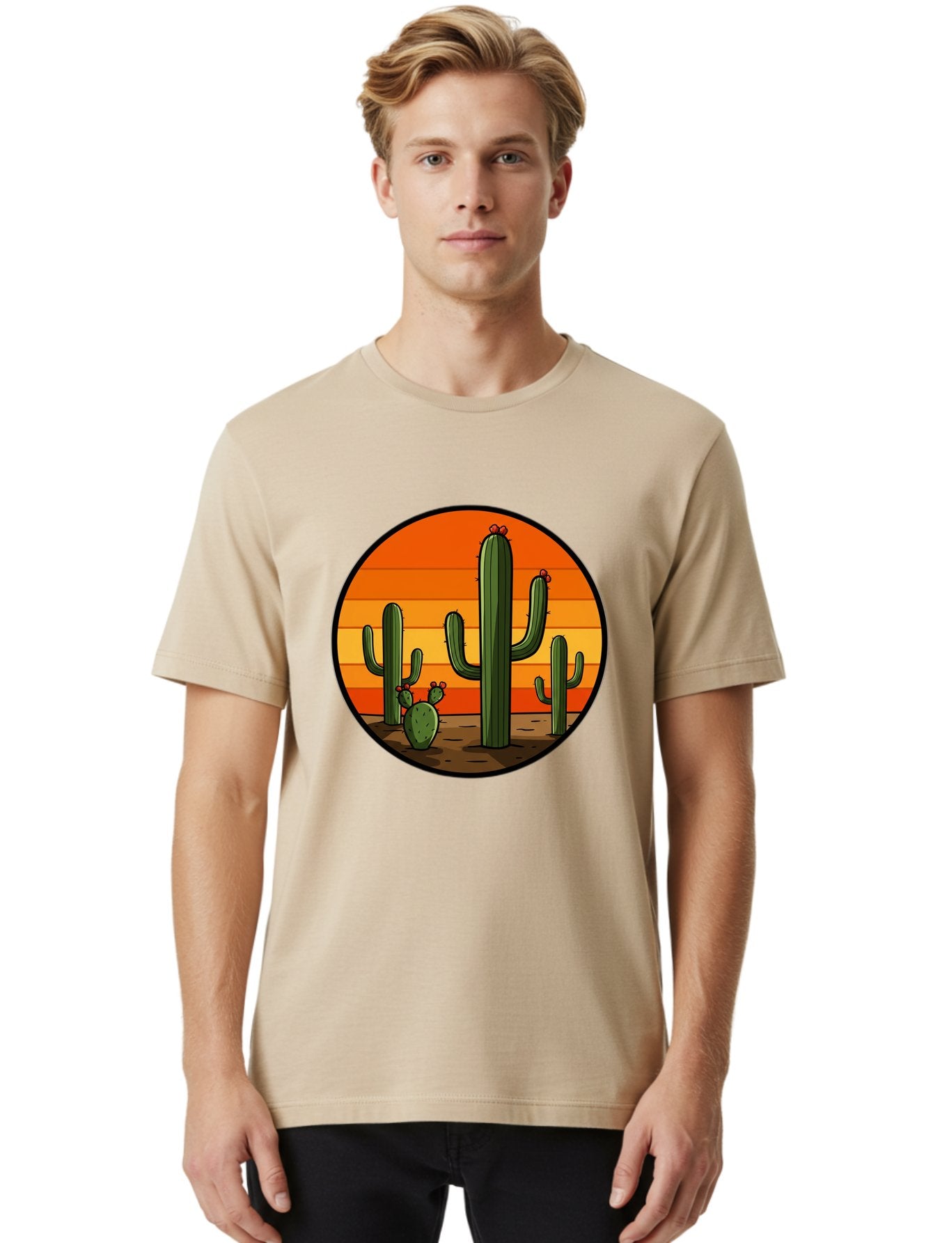 Cacti-Sunset Men'S Graphic Tee, 100% Cotton, Comfortable Casual Summer Wear, Machine Washable, Desert Landscape, Cacti, Sunset, Orange Gradient, Cartoon Style, Arid Environment, Dry Terrain, Western Scenery, Prickly Plants, Vibrant Colors Bac722 17