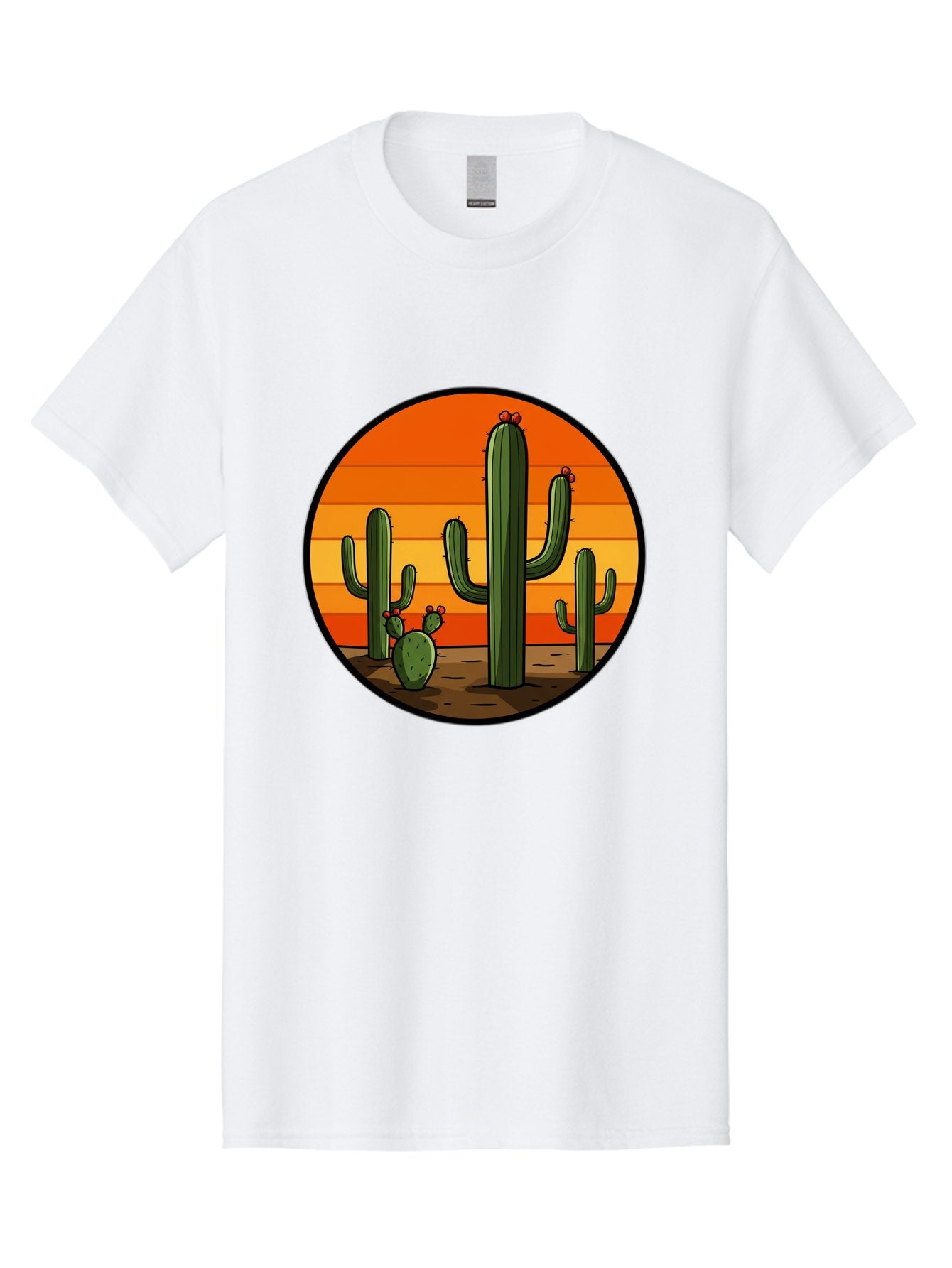 Cacti-Sunset Men'S Graphic Tee, 100% Cotton, Comfortable Casual Summer Wear, Machine Washable, Desert Landscape, Cacti, Sunset, Orange Gradient, Cartoon Style, Arid Environment, Dry Terrain, Western Scenery, Prickly Plants, Vibrant Colors Bac722 5