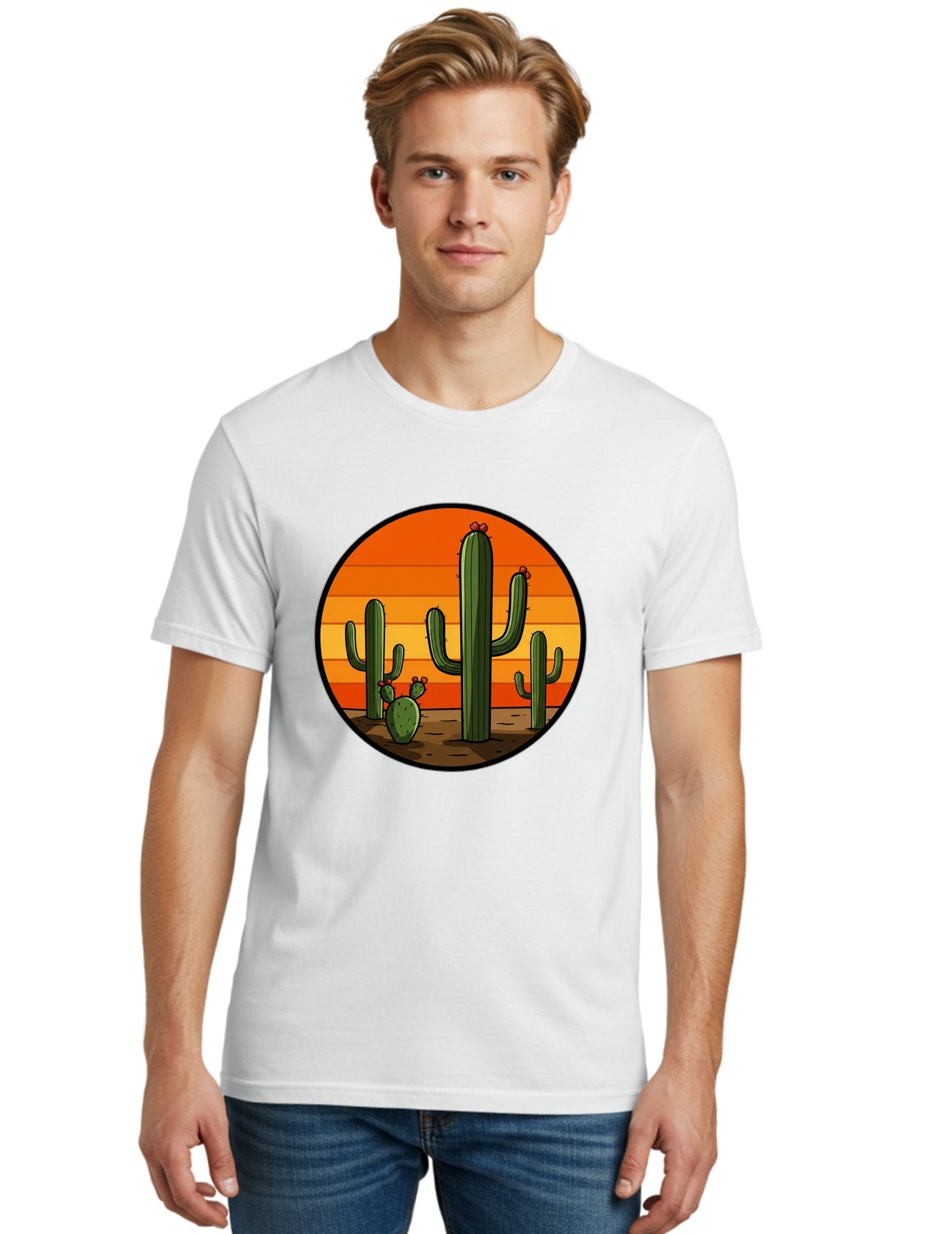 Cacti-Sunset Men'S Graphic Tee, 100% Cotton, Comfortable Casual Summer Wear, Machine Washable, Desert Landscape, Cacti, Sunset, Orange Gradient, Cartoon Style, Arid Environment, Dry Terrain, Western Scenery, Prickly Plants, Vibrant Colors Bac722 23