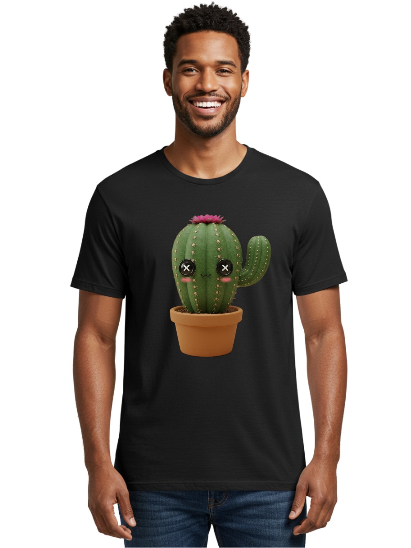 Cactus-2 Men'S Graphic Tee, 100% Cotton, Comfortable Casual Summer Wear, Machine Washable, Cactus In Pot, Plush Toy, Digital Illustration, Cute Character, Prickly Plant, Smiling Face, Pink Flower, Decorative Pot, Soft Texture, Adorable Design, Bac724 20