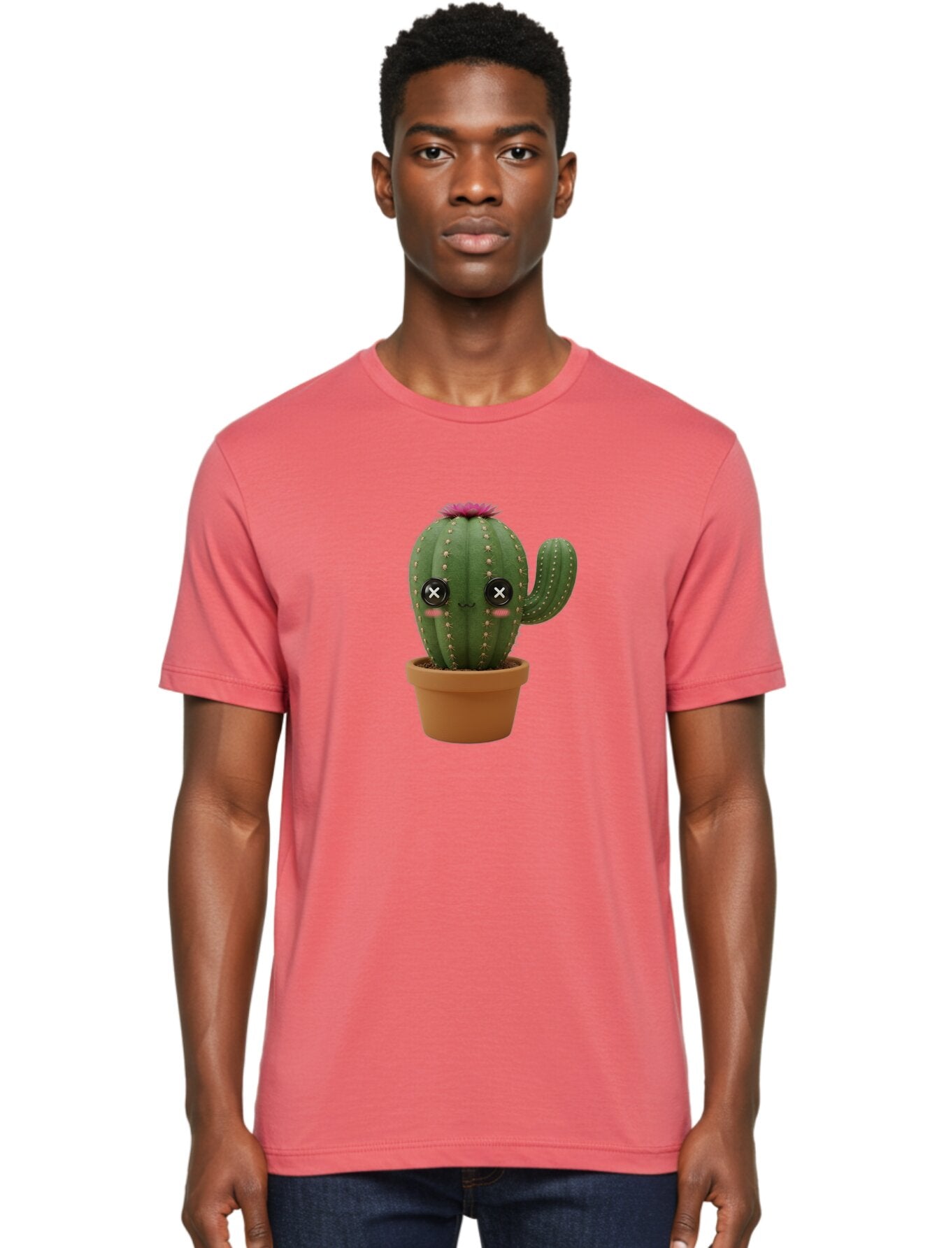 Cactus-2 Men'S Graphic Tee, 100% Cotton, Comfortable Casual Summer Wear, Machine Washable, Cactus In Pot, Plush Toy, Digital Illustration, Cute Character, Prickly Plant, Smiling Face, Pink Flower, Decorative Pot, Soft Texture, Adorable Design, Bac724 21