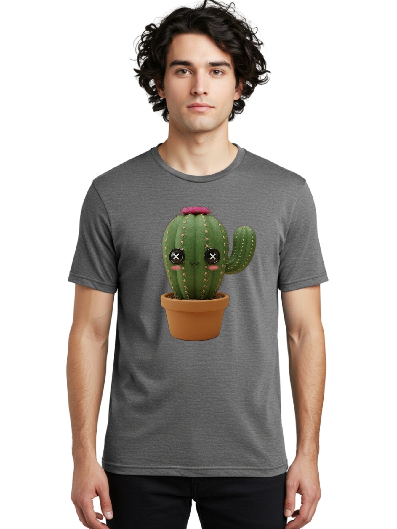 Cactus-2 Men'S Graphic Tee, 100% Cotton, Comfortable Casual Summer Wear, Machine Washable, Cactus In Pot, Plush Toy, Digital Illustration, Cute Character, Prickly Plant, Smiling Face, Pink Flower, Decorative Pot, Soft Texture, Adorable Design, Bac724 23