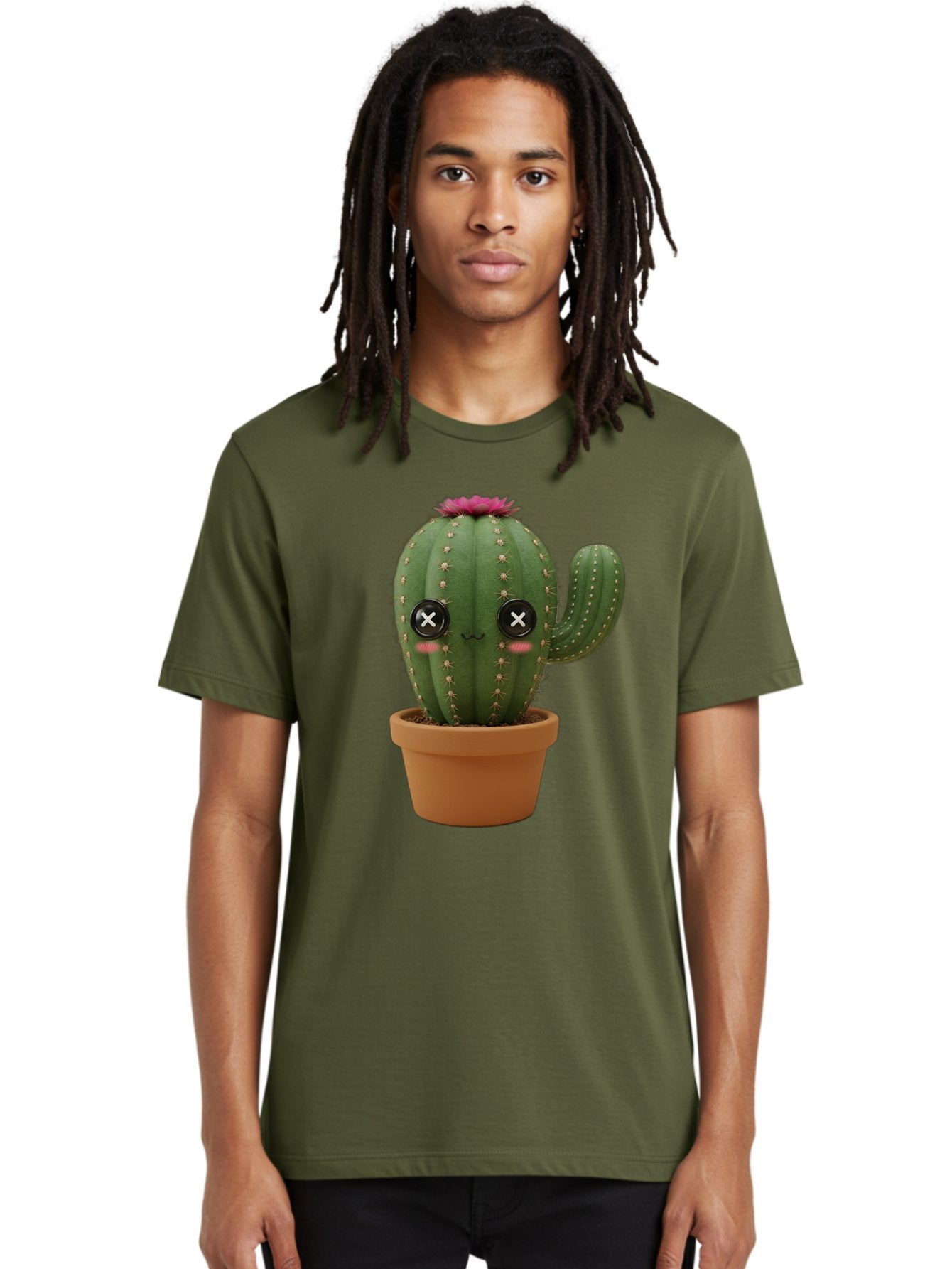 Cactus-2 Men'S Graphic Tee, 100% Cotton, Comfortable Casual Summer Wear, Machine Washable, Cactus In Pot, Plush Toy, Digital Illustration, Cute Character, Prickly Plant, Smiling Face, Pink Flower, Decorative Pot, Soft Texture, Adorable Design, Bac724 24