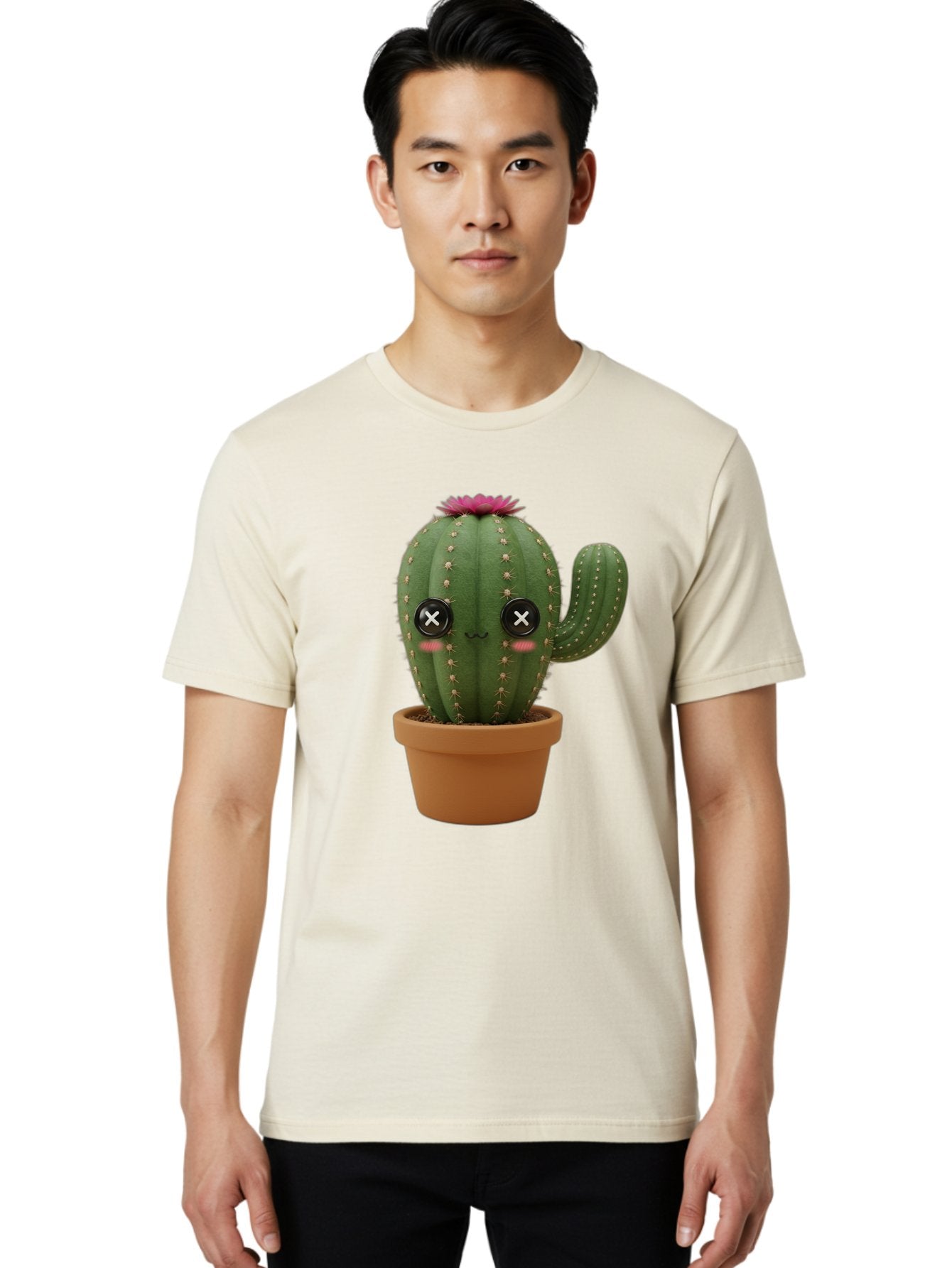 Cactus-2 Men'S Graphic Tee, 100% Cotton, Comfortable Casual Summer Wear, Machine Washable, Cactus In Pot, Plush Toy, Digital Illustration, Cute Character, Prickly Plant, Smiling Face, Pink Flower, Decorative Pot, Soft Texture, Adorable Design, Bac724 19